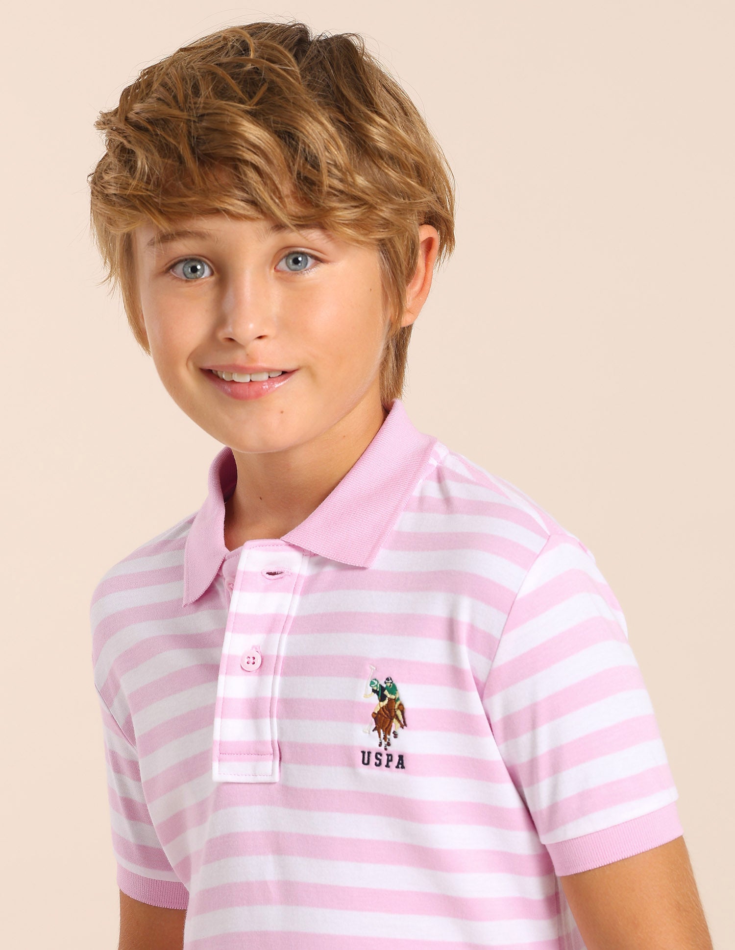 Boys Horizontal Striped Regular Fit Polo T shirt Light Pink - U.S. POLO ASSN. | Large