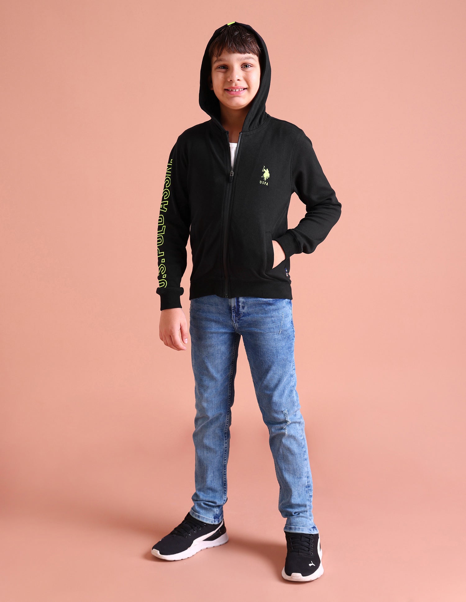 Boys Black Hooded Zip Up Brand Print Cotton Sweatshirt Black - U.S. POLO ASSN. | Large