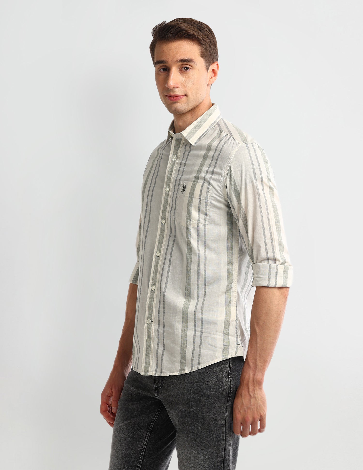 Vertical Striped Slim Fit Shirt Light Olive - U.S. POLO ASSN. | Large