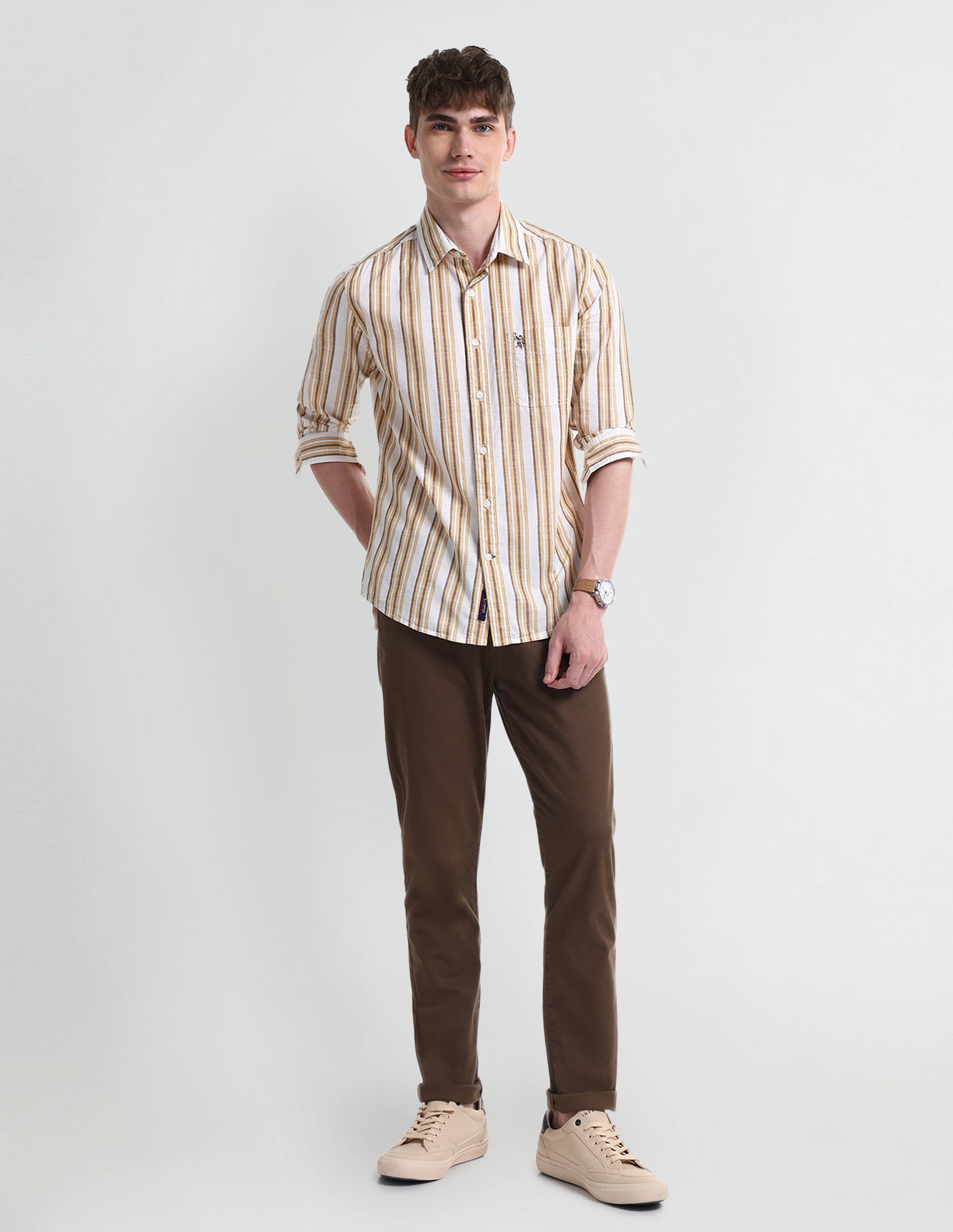 Vertical Striped Slim Fit Shirt Mustard - U.S. Polo Assn. India | Large