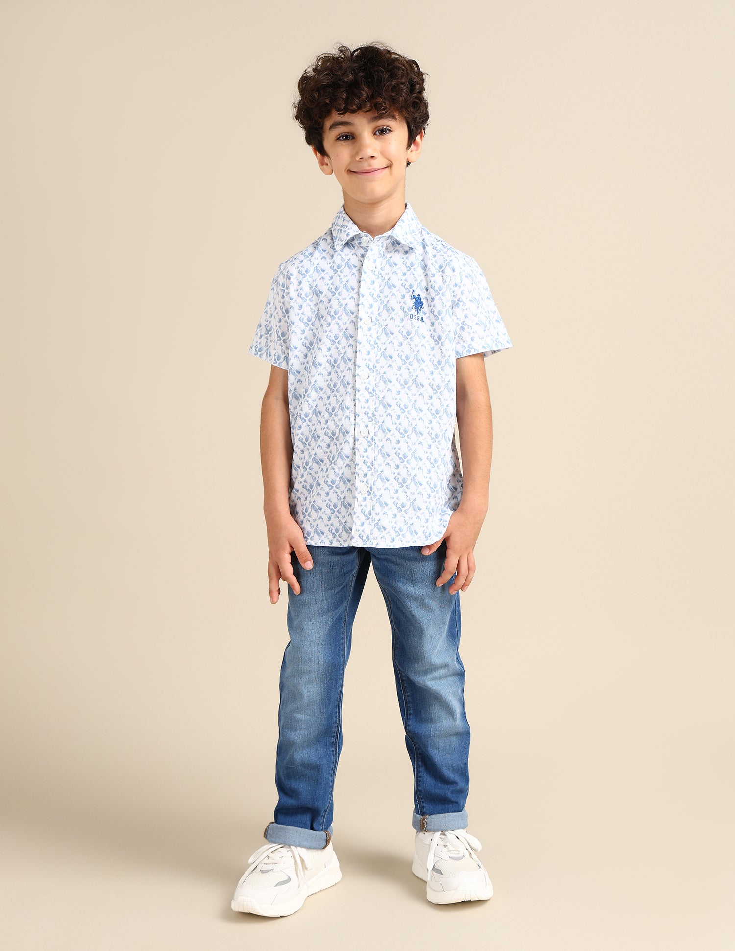 Boys Regular Fit Abstract Printed Shirt White - U.S. Polo Assn. India | Large