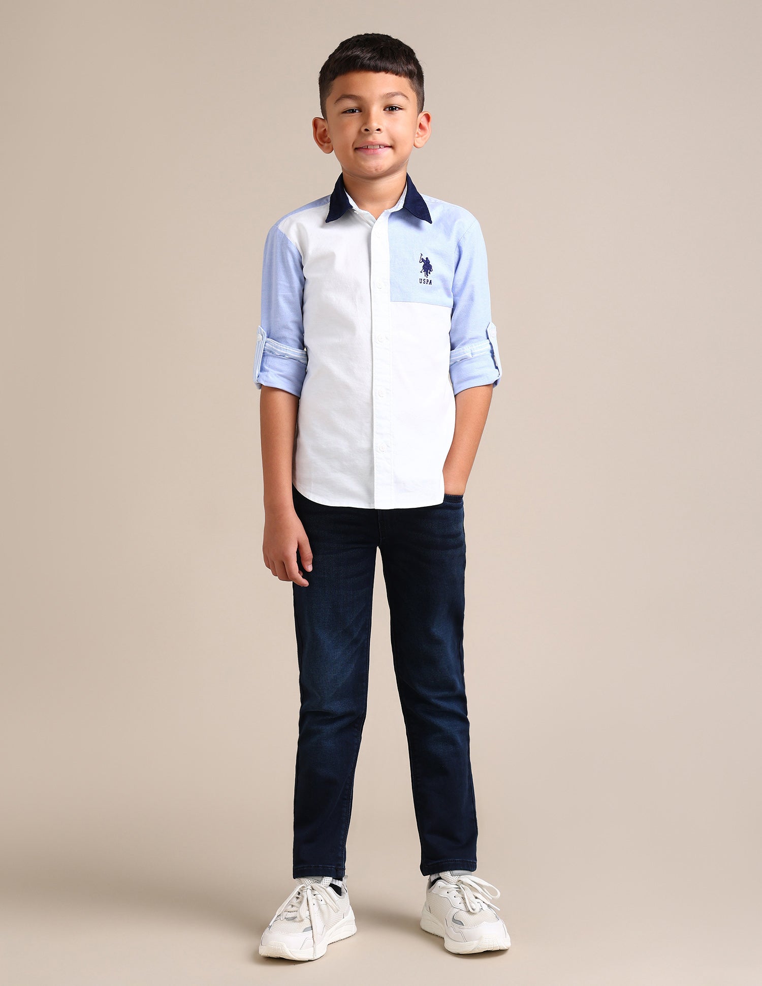 Boys Regular Fit Colour Blocked Shirt White - U.S. Polo Assn. India | Large