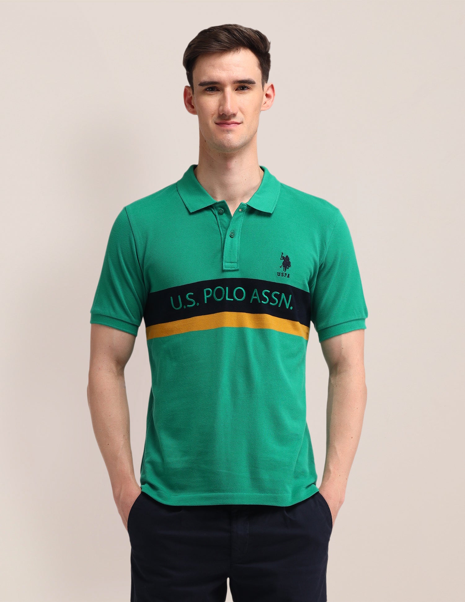 Horizontal Striped Cotton Polo Shirt Light Green - U.S. Polo Assn. India | Large