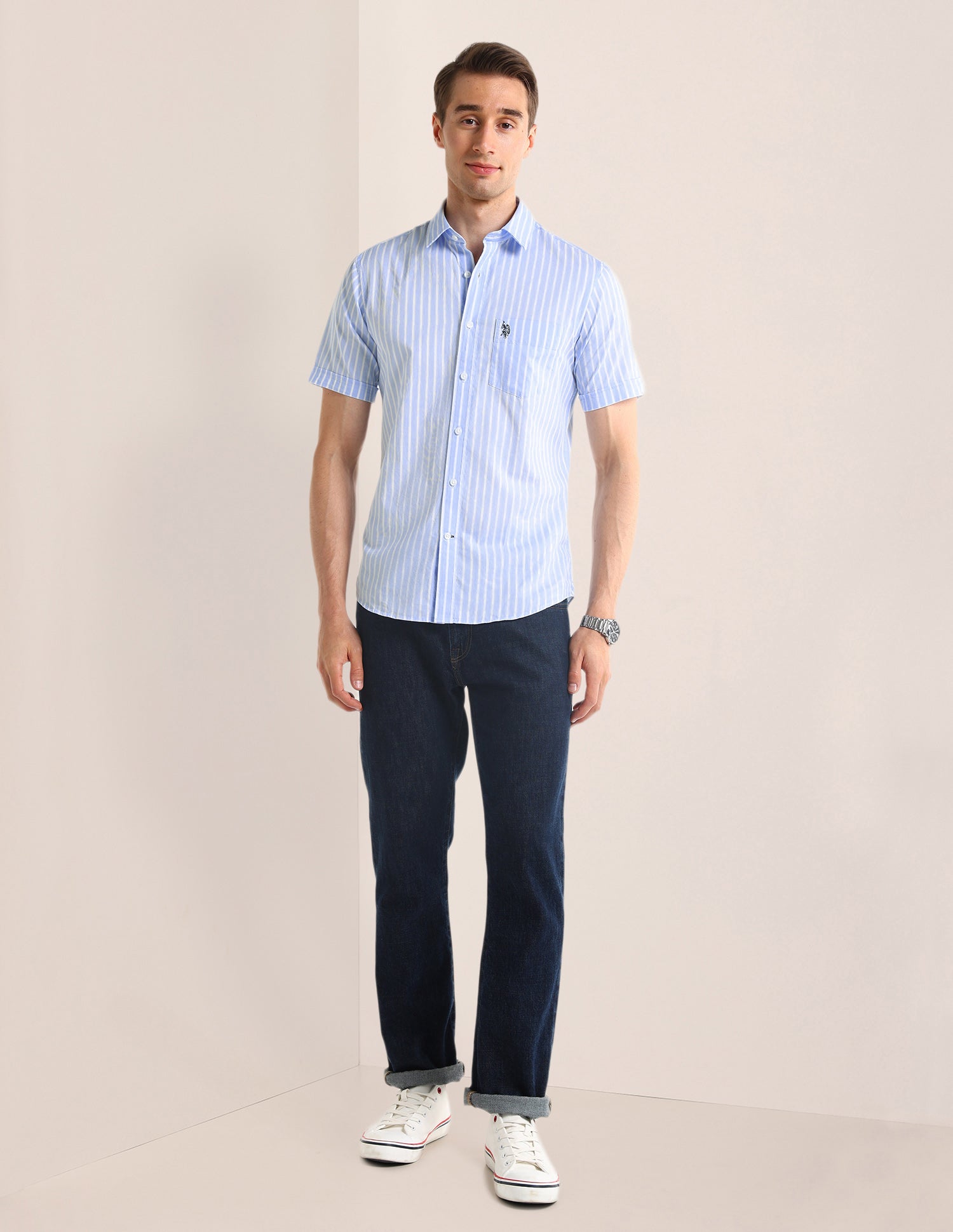 Regular Fit Dobby Cotton Shirt Light Blue - U.S. Polo Assn. India | Large