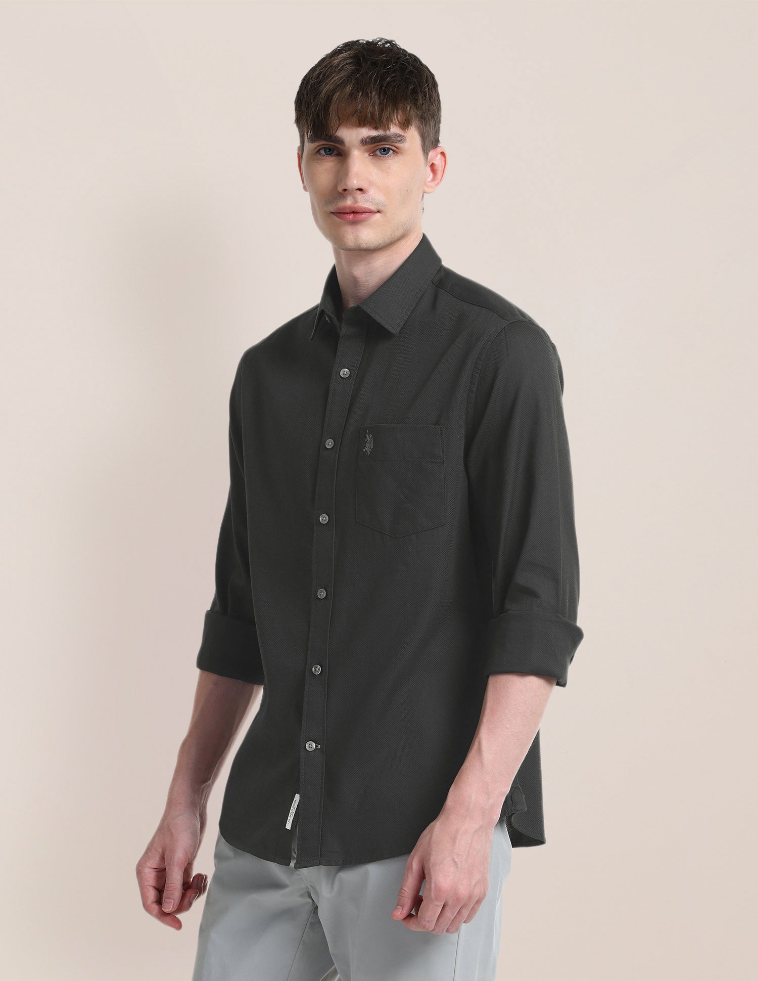 Solid Regular Fit Shirt Charcoal-Grey - U.S. Polo Assn. India | Large