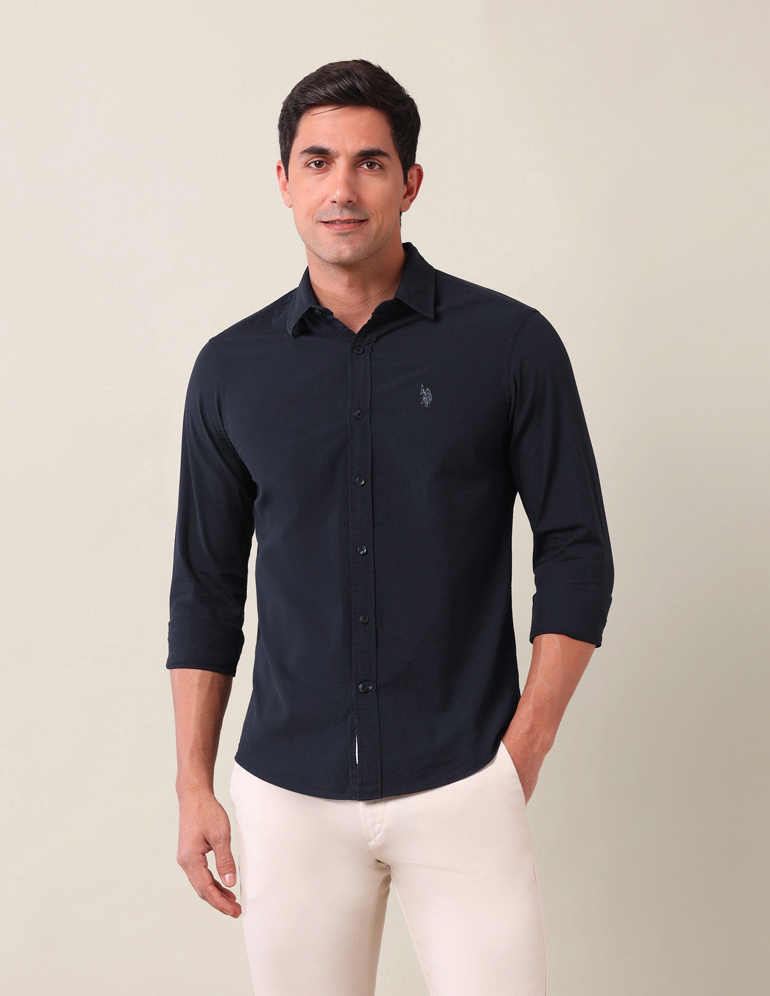 Tailored Fit Solid Shirt Navy - U.S. Polo Assn. India | Large