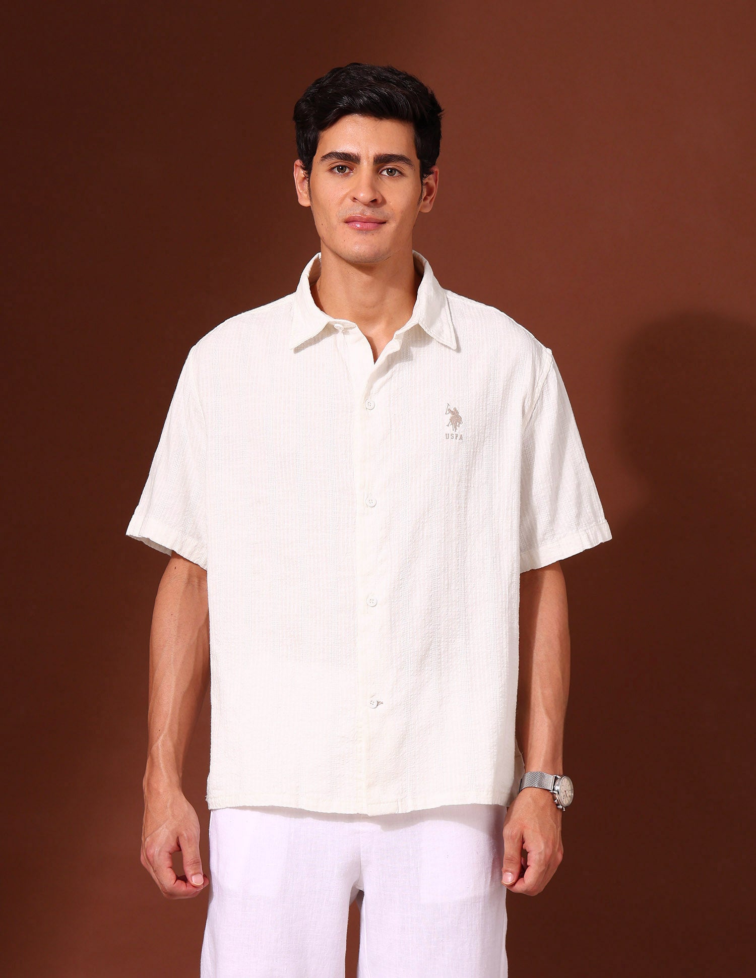 Textured Pure Cotton Shirt White - U.S. Polo Assn. India | Large