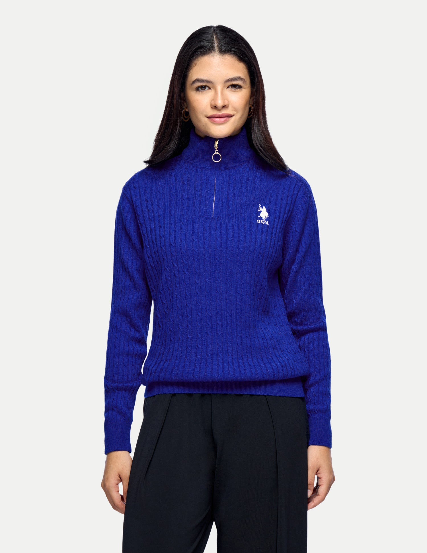 Cable Patterned Knit Regular Fit Sweater Bright Blue - U.S. Polo Assn. India | Large