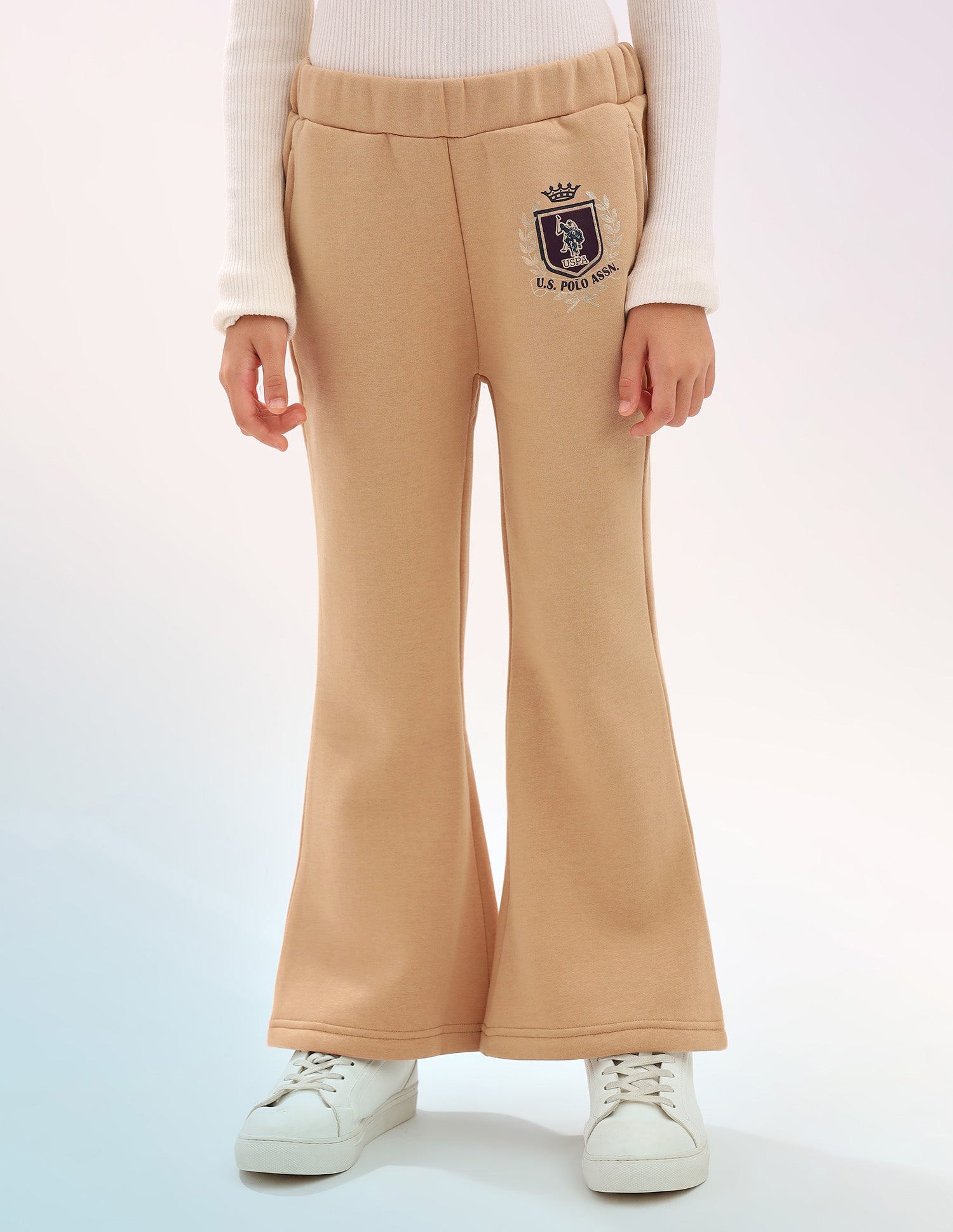 Girls Solid Regular Fit Flared Track Pants Beige - U.S. POLO ASSN. | Large