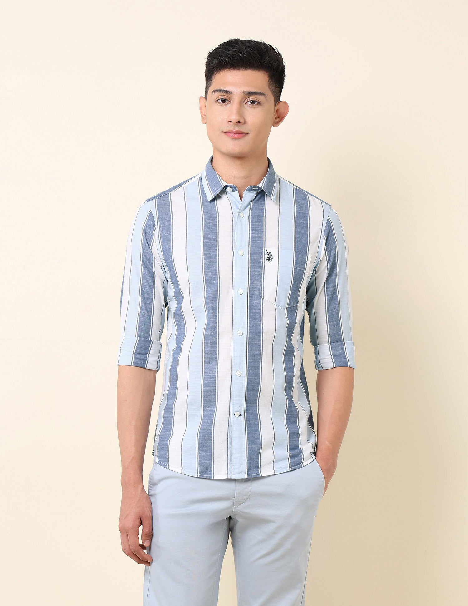 Vertical Striped Pure Cotton Shirt Light Blue - U.S. Polo Assn. India | Large