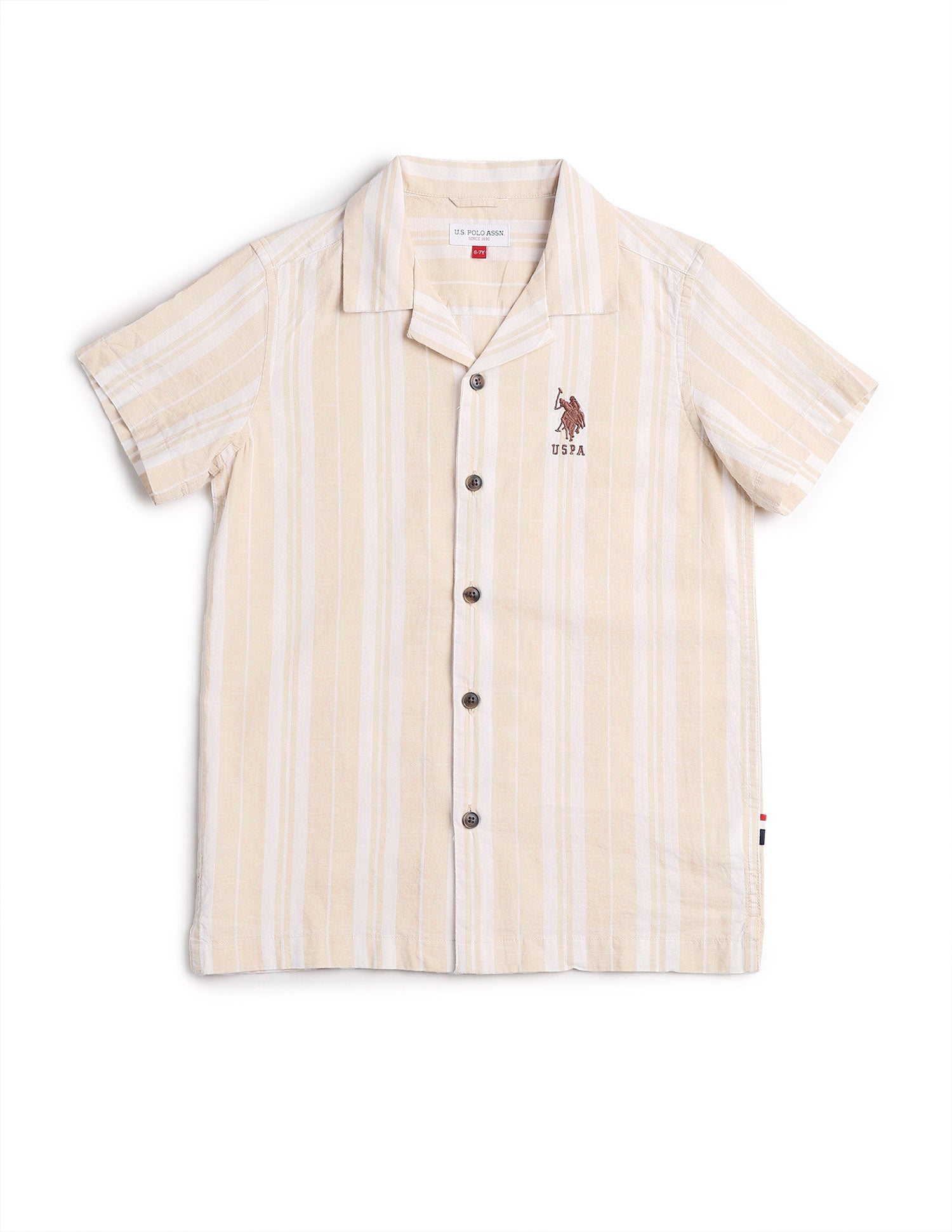 Boys Vertical Striped Cuban Shirt Beige - U.S. POLO ASSN. | Large