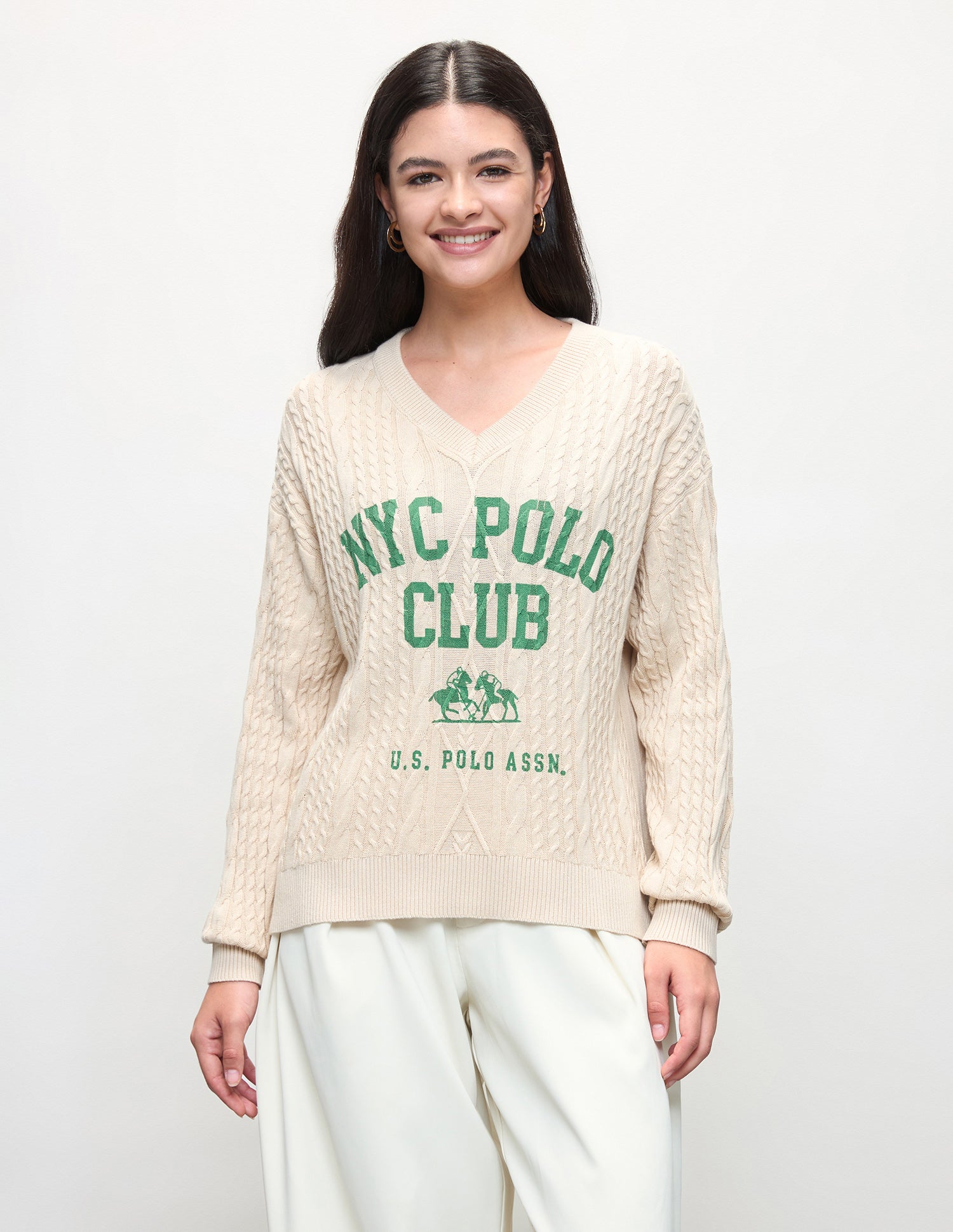Cable Patterned Knit Oversized Fit Sweater Ecru - U.S. Polo Assn. India | Large