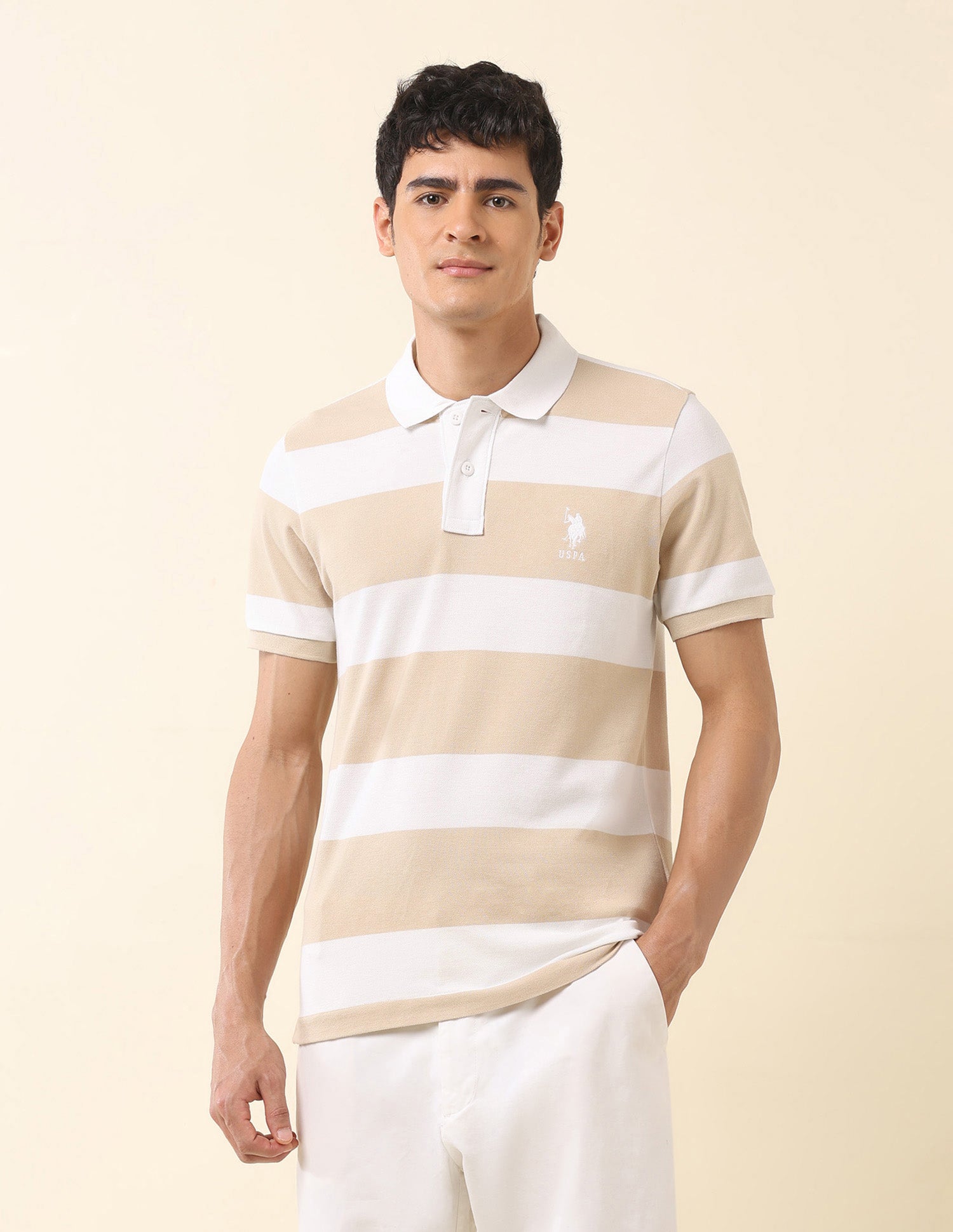 Horizontal Striped Classic Polo Shirt Beige - U.S. POLO ASSN. | Large