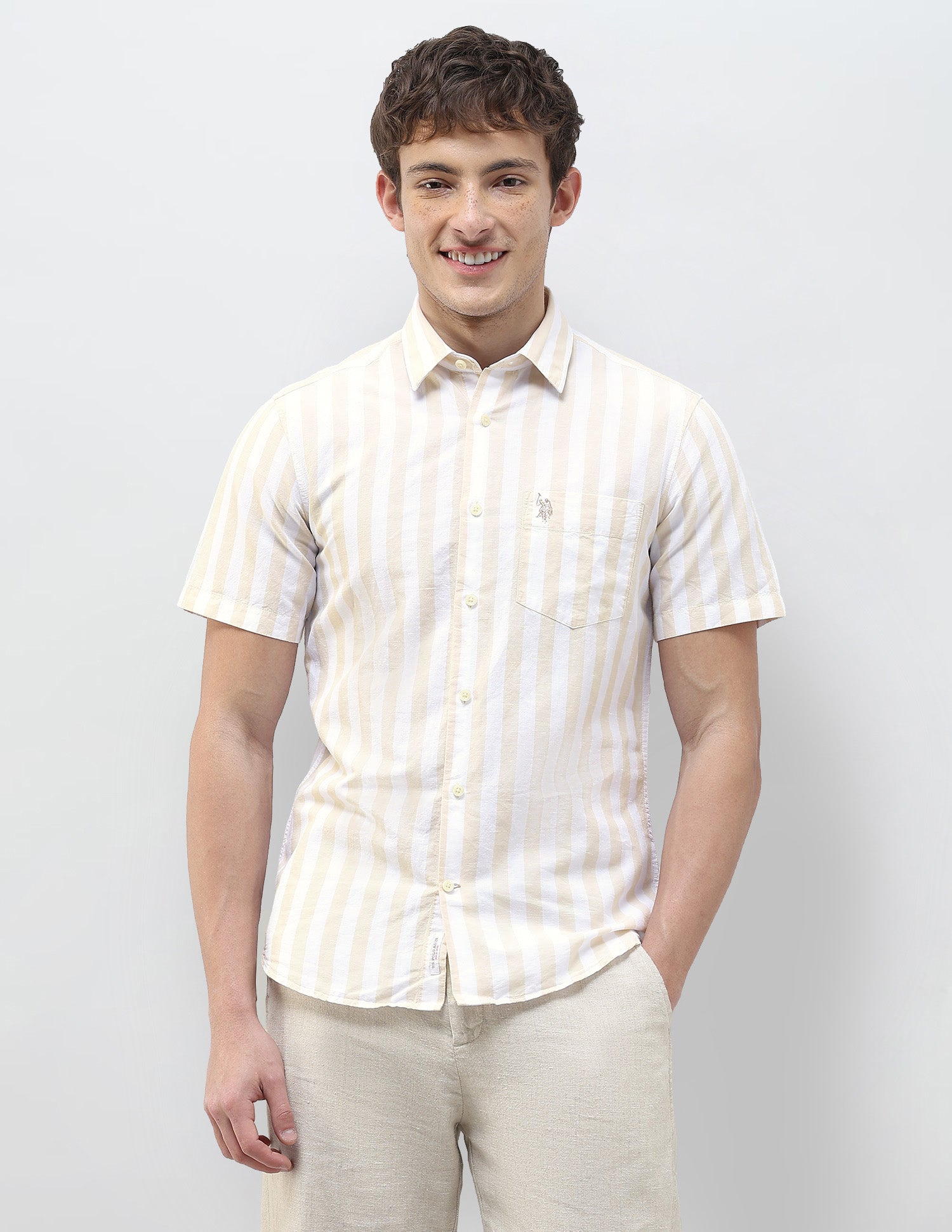 Vertical Striped Regular Fit Shirt Beige - U.S. Polo Assn. India | Large