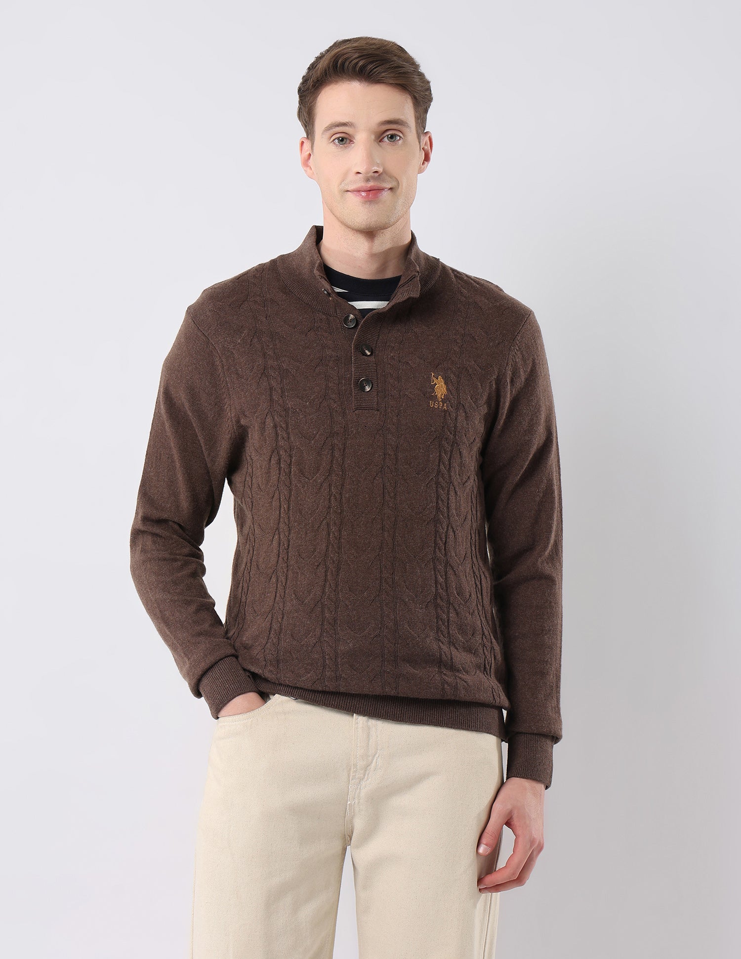 Cable Patterned Knit Regular Fit Sweater Brown - U.S. POLO ASSN. | Large