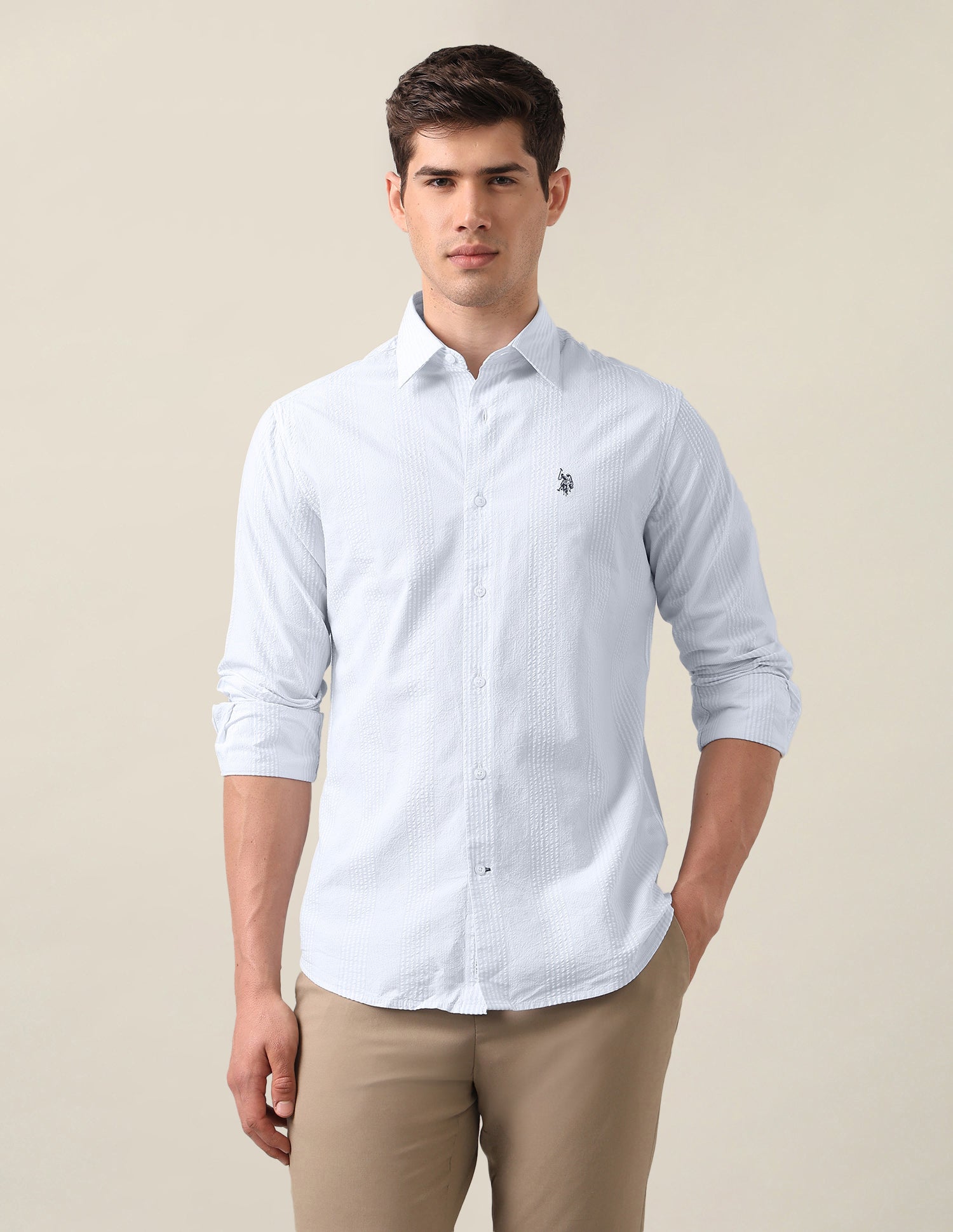 Vertical Striped Seersucker Shirt Light Blue - U.S. Polo Assn. India | Large