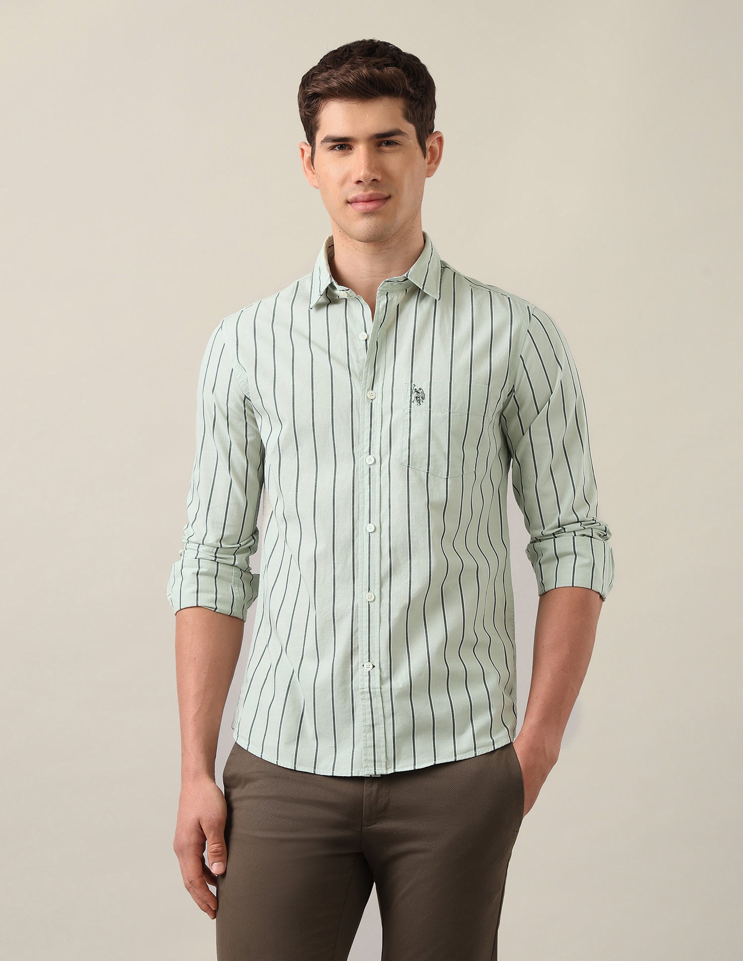 Tailored Fit Vertical Striped Shirt Green - U.S. Polo Assn. India | Large