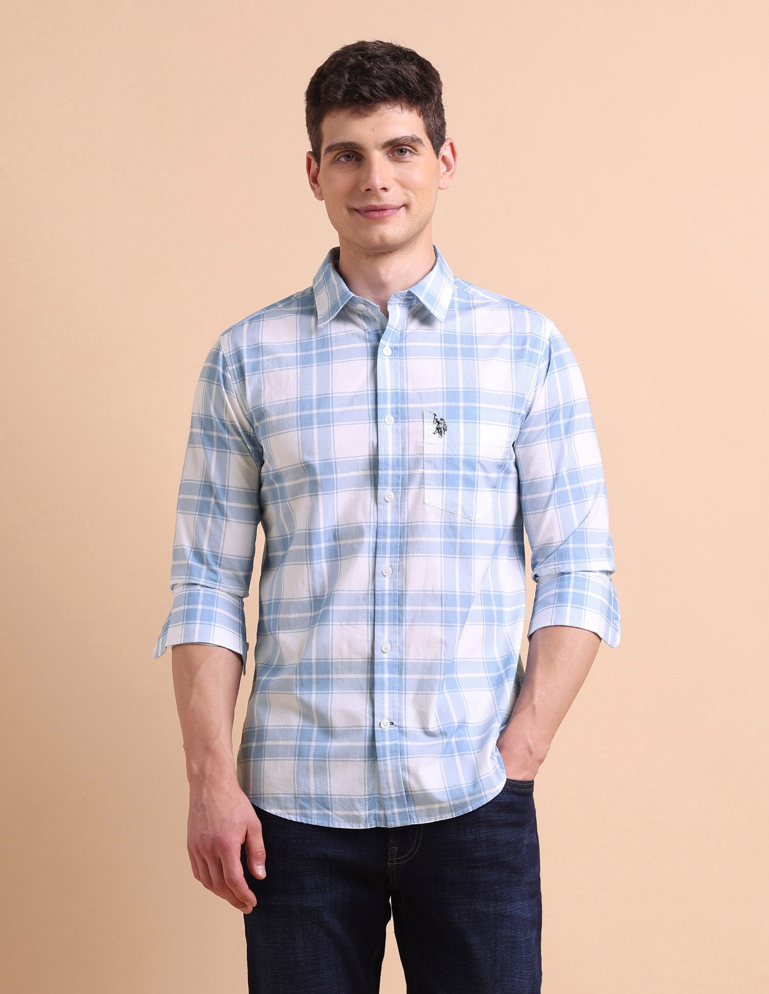 Tailored Fit Grid Tattersall Checked Shirt Blue - U.S. POLO ASSN. | Large