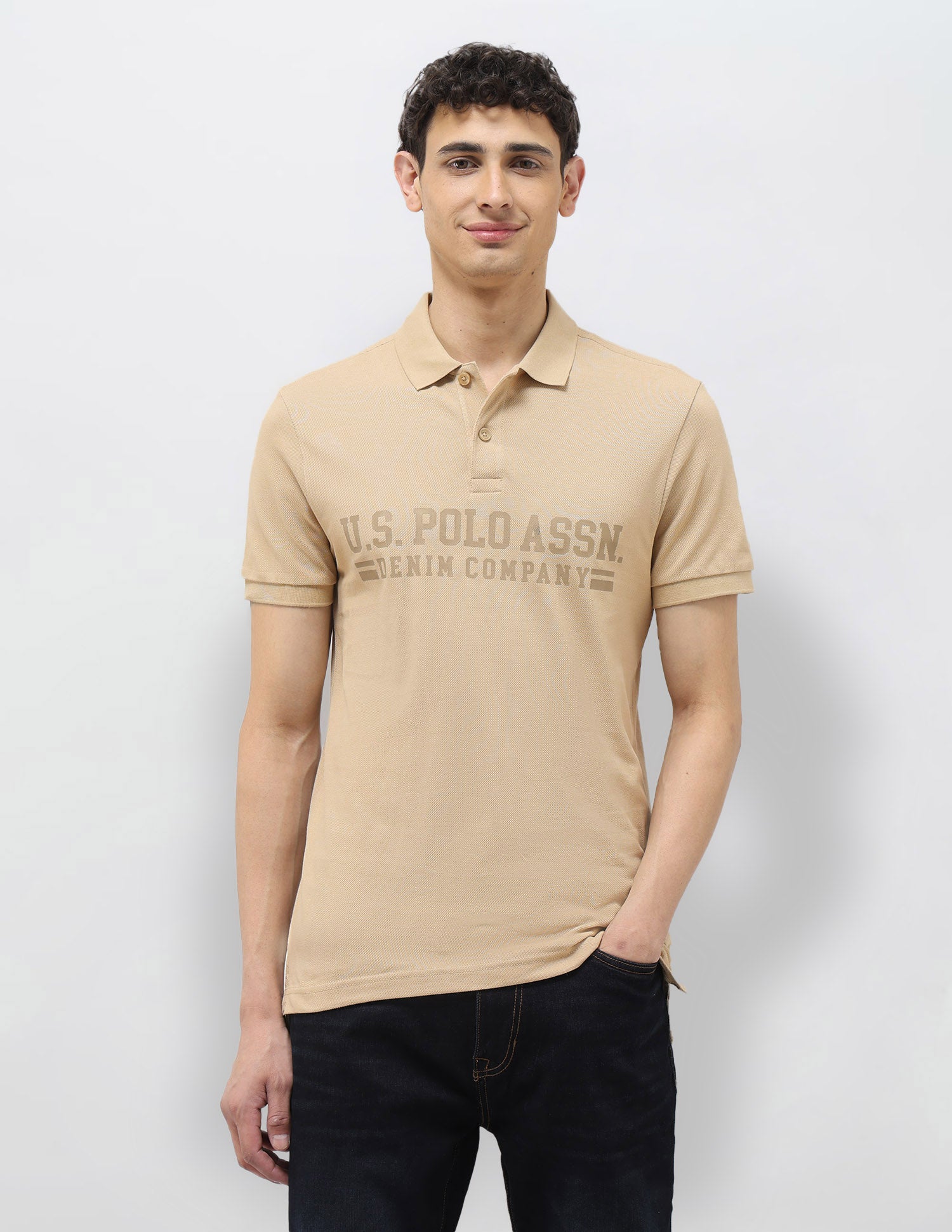 Brand Printed Muscle Fit Polo Shirt Beige - U.S. Polo Assn. India | Large