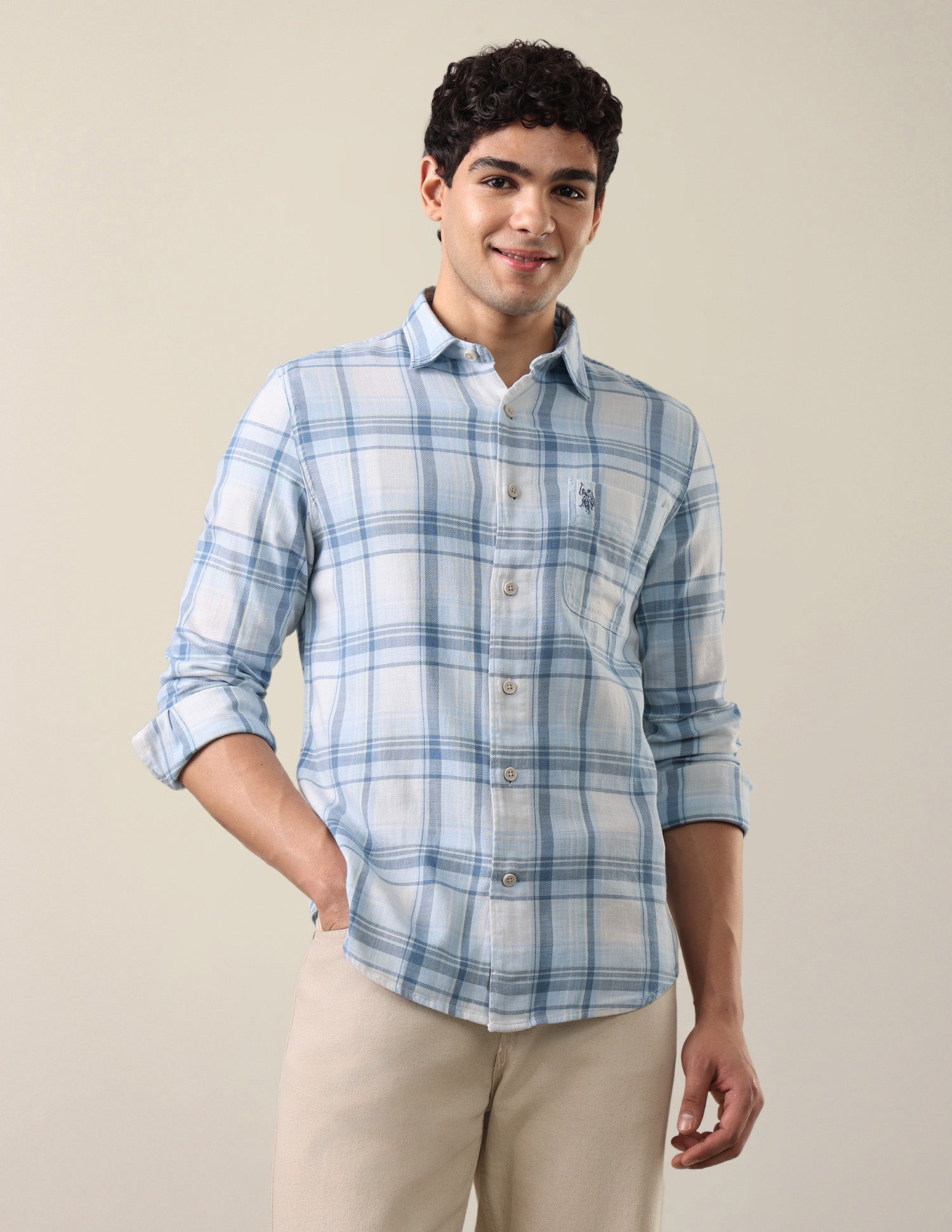 Twill Windowpane Checked Shirt Light Blue - U.S. Polo Assn. India | Large