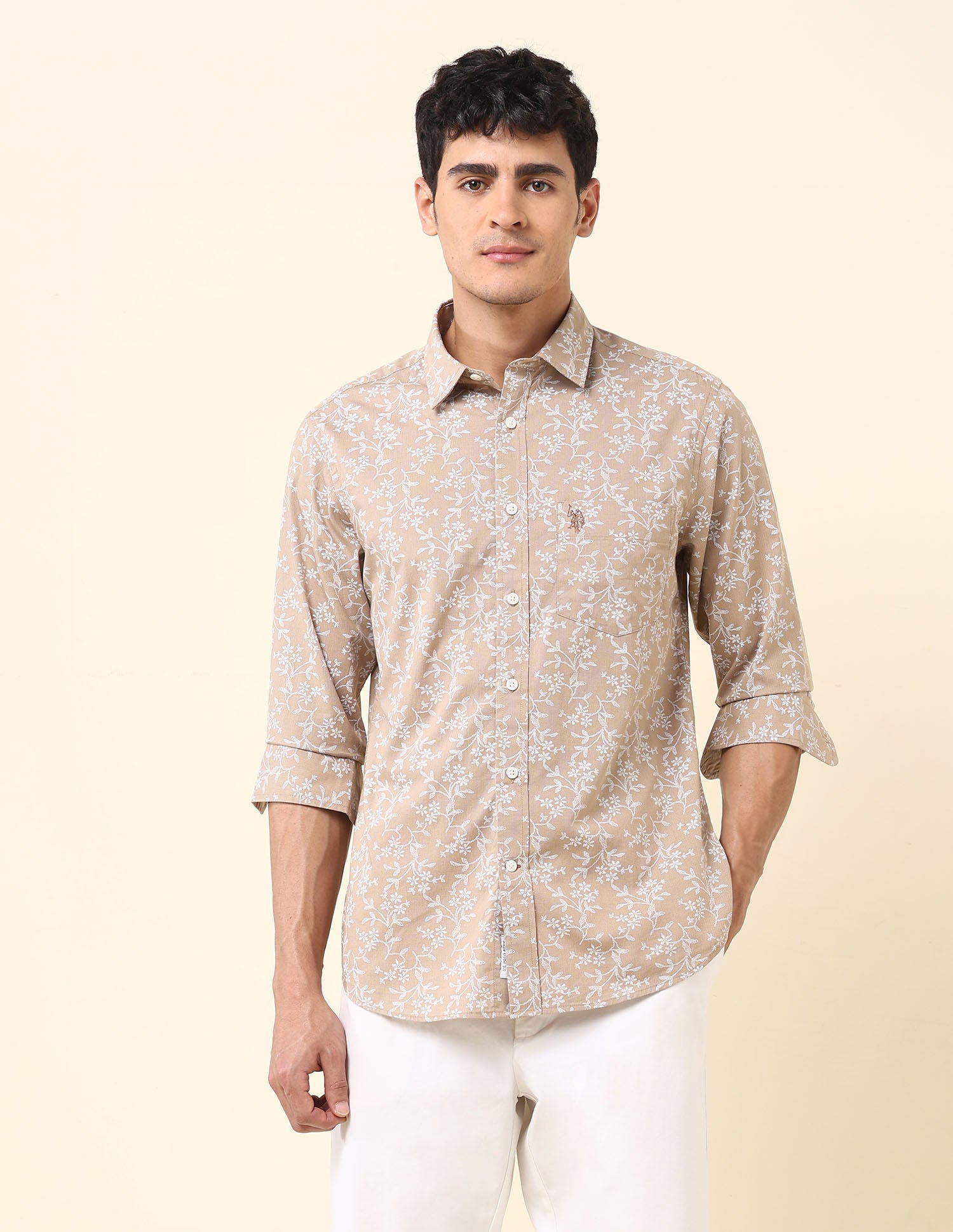 Pure Cotton Floral Printed Shirt Khaki - U.S. Polo Assn. India | Large