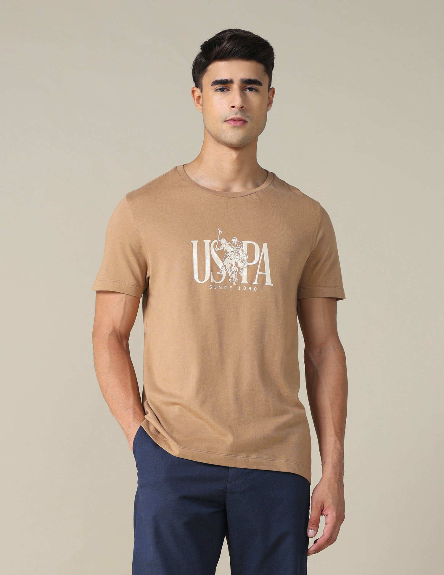 Brand Printed Regular Fit T-shirt Light Beige - U.S. POLO ASSN. | Large