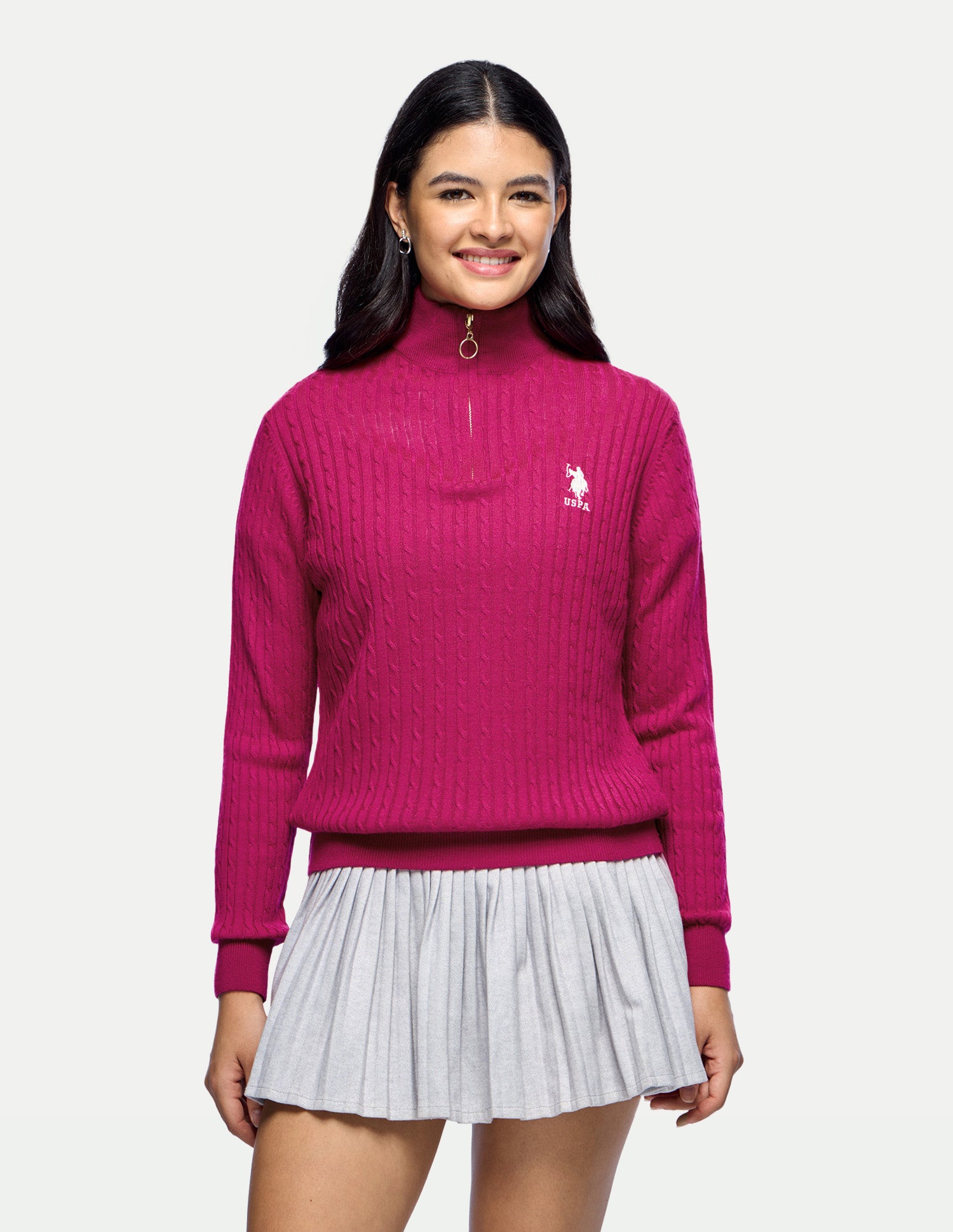 Cable Patterned Knit Regular Fit Sweater Pink - U.S. Polo Assn. India | Large
