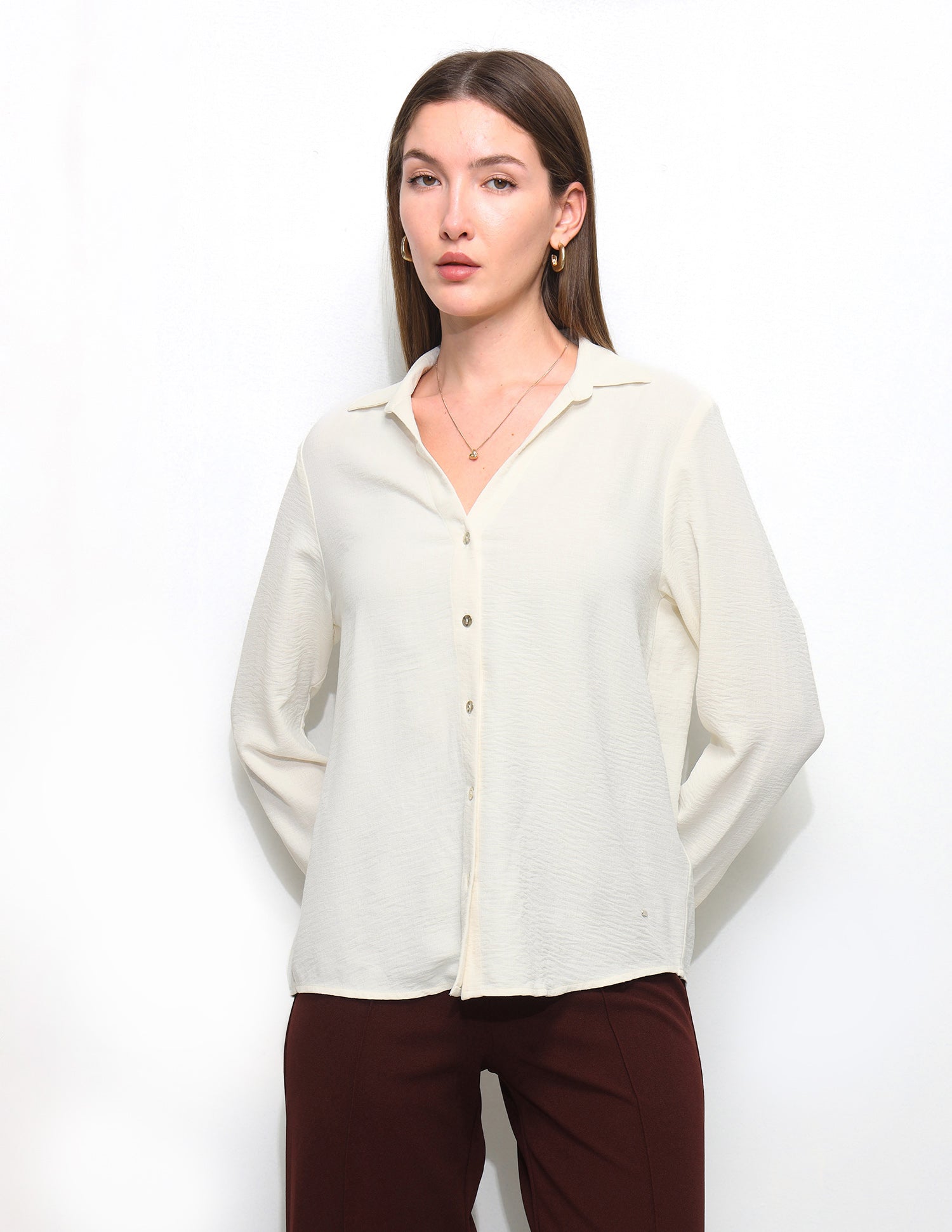 Solid V Neck Collar Shirt Off White - U.S. Polo Assn. India | Large