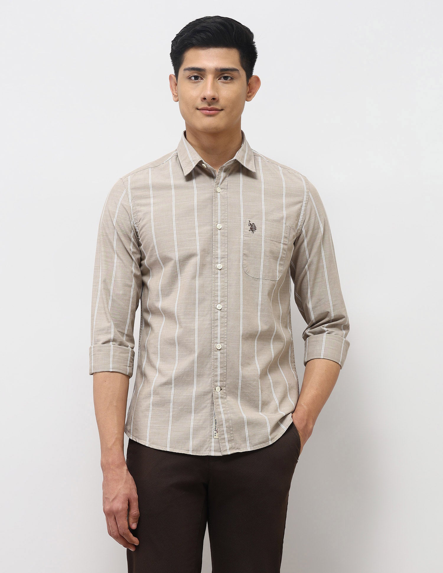 Vertical Striped Pure Cotton Shirt Light Brown - U.S. Polo Assn. India | Large