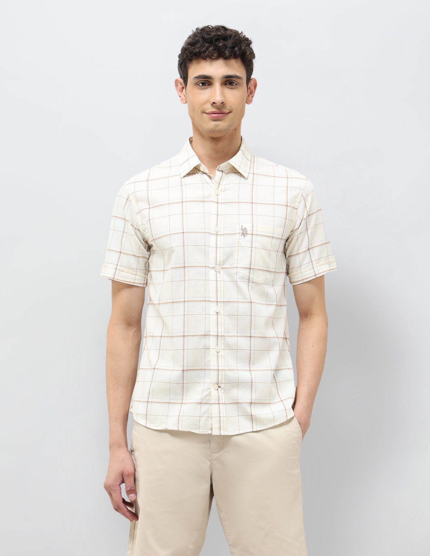Windowpane Checked Tailored Fit Shirt Ivory - U.S. POLO ASSN. | Large