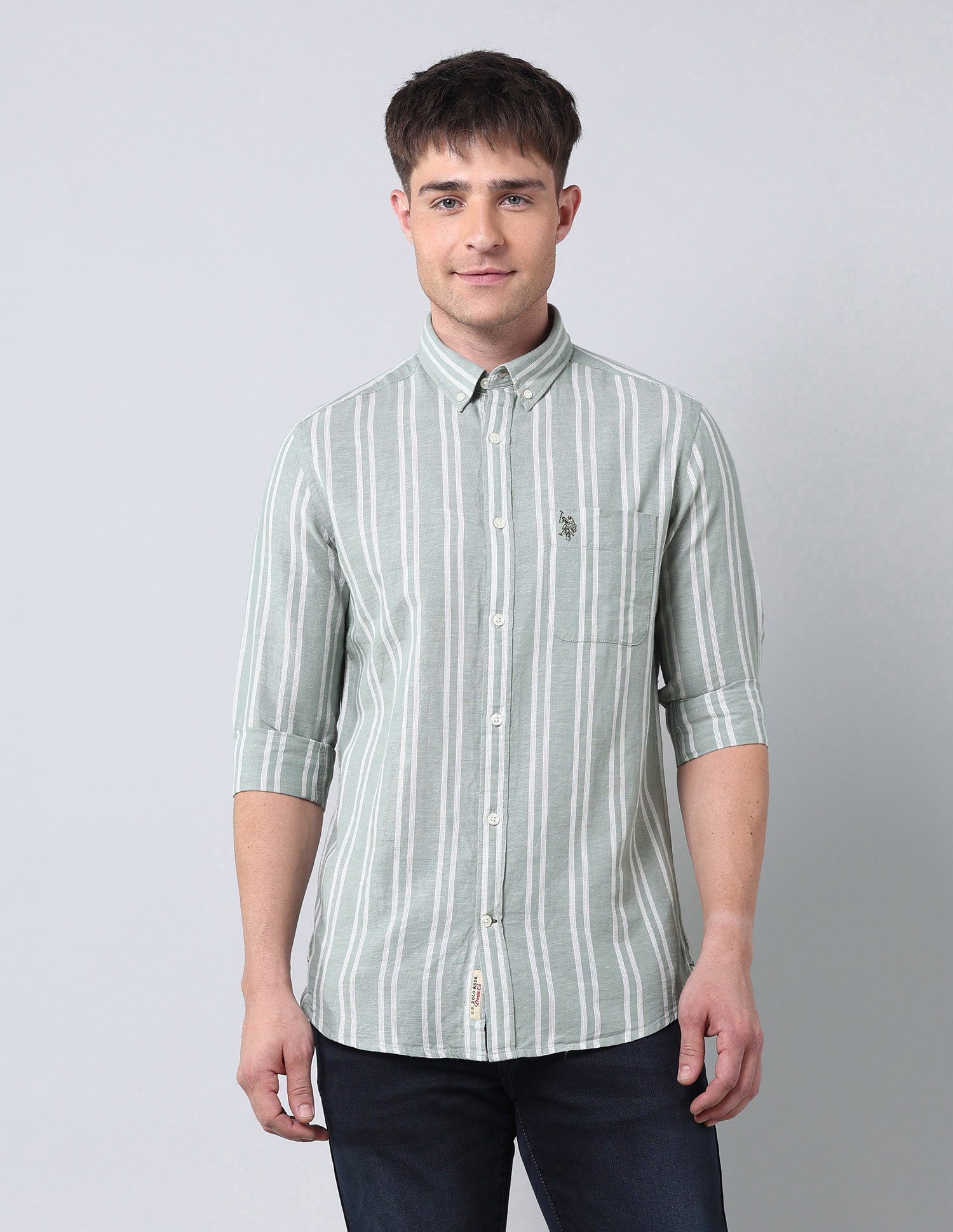 Vertical Striped Regular Fit Shirt Light Green - U.S. Polo Assn. India | Large