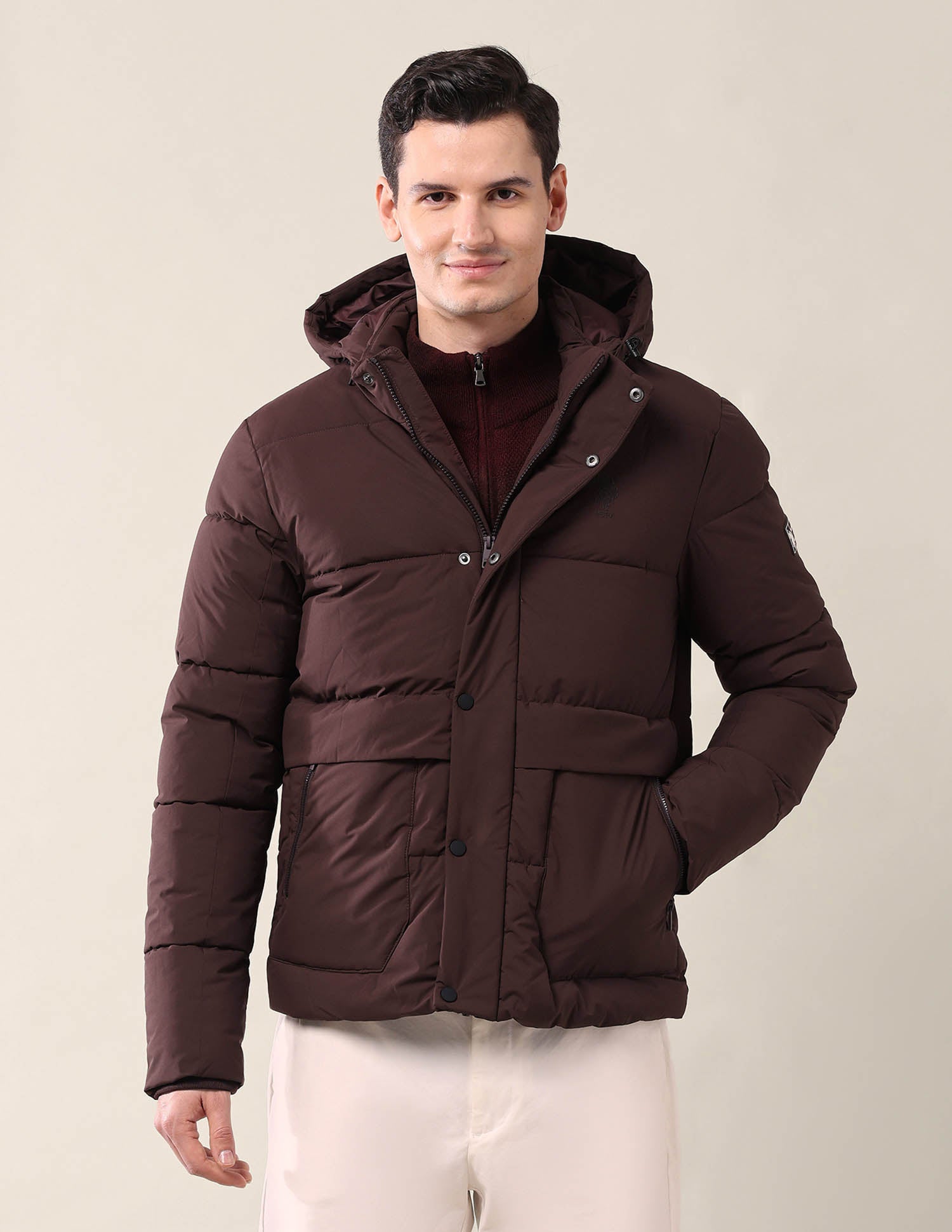 Hooded Regular Fit Puffer Jacket Wine - U.S. Polo Assn. India | Large