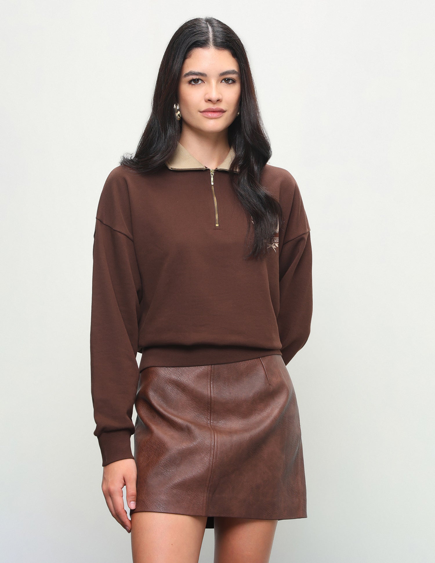 Solid Oversized Fit Zipper Sweatshirt Brown - U.S. Polo Assn. India | Large