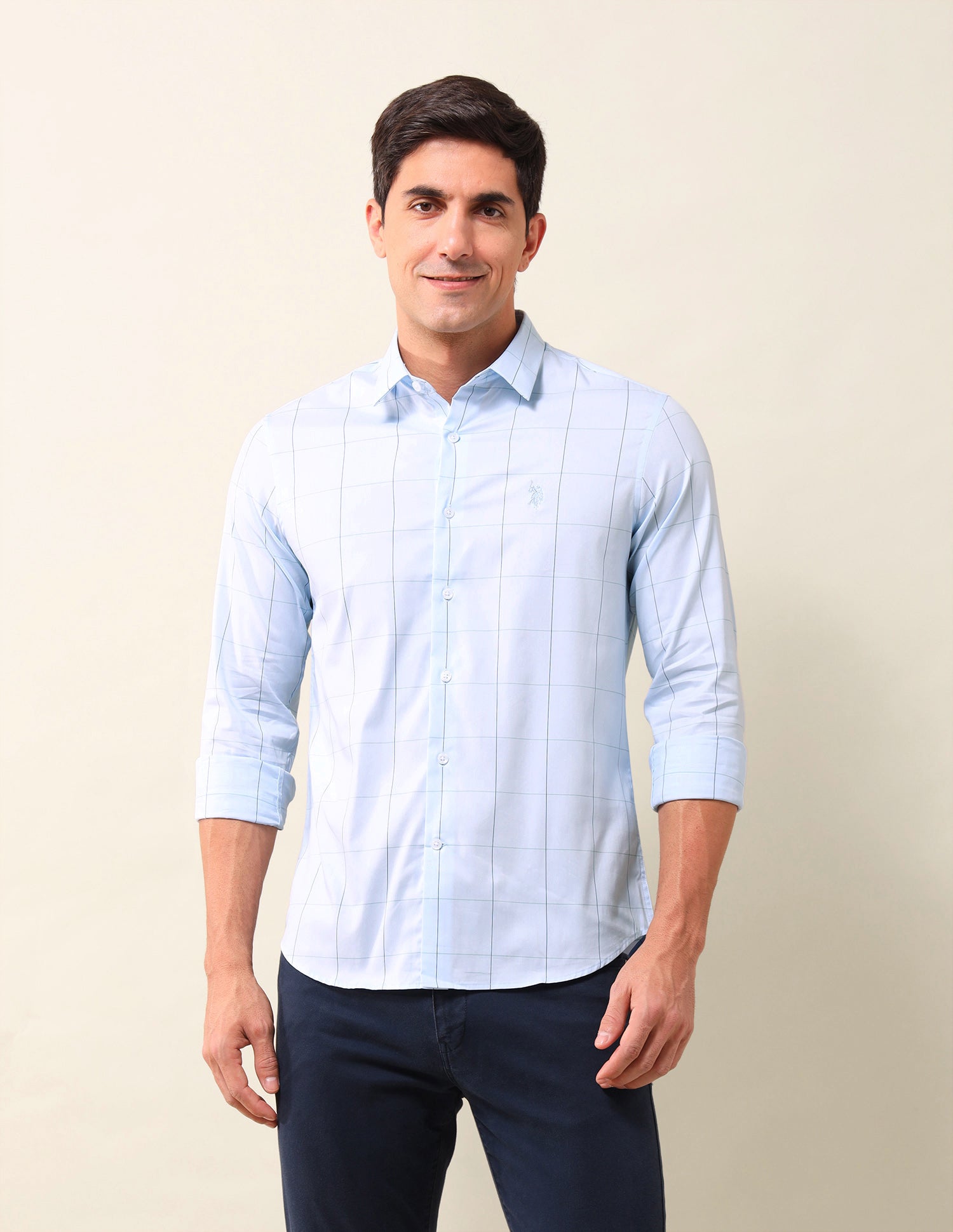 Windowpane Checked Tailored Fit Shirt Light Blue - U.S. Polo Assn. India | Large