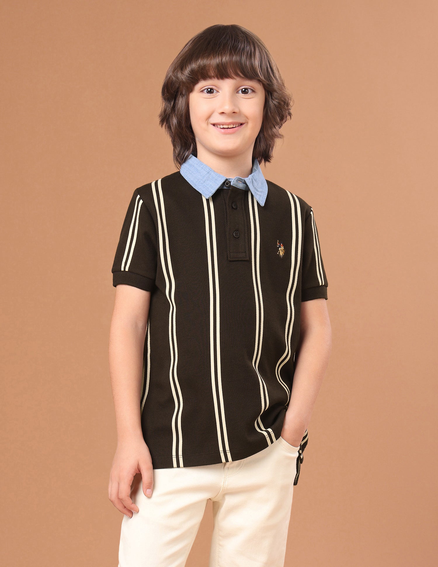 Vertical Striped Regular Fit Polo Shirt Light Brown - U.S. Polo Assn. India | Large