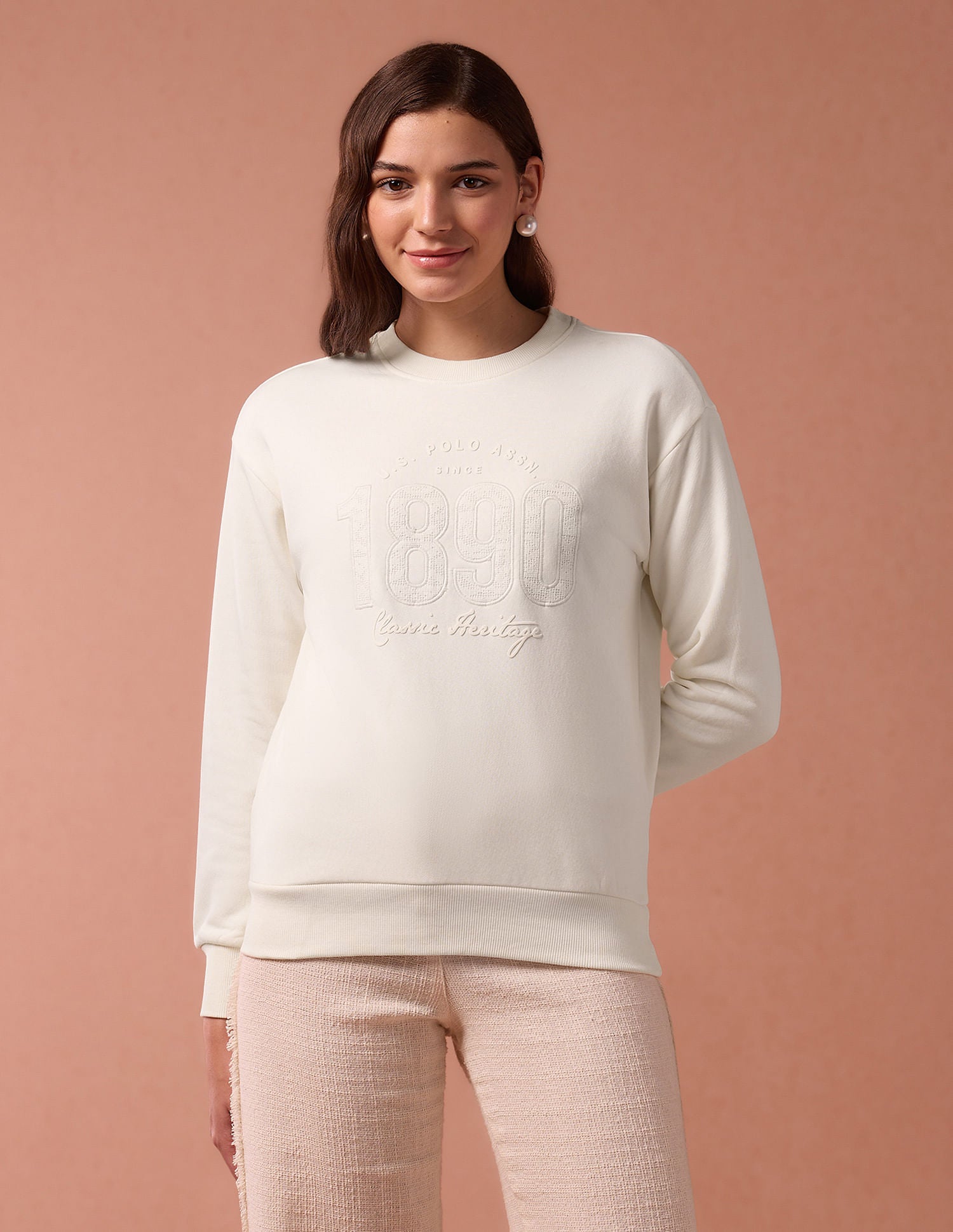 Brand Printed Regular Fit Sweatshirt Cream - U.S. Polo Assn. India | Large