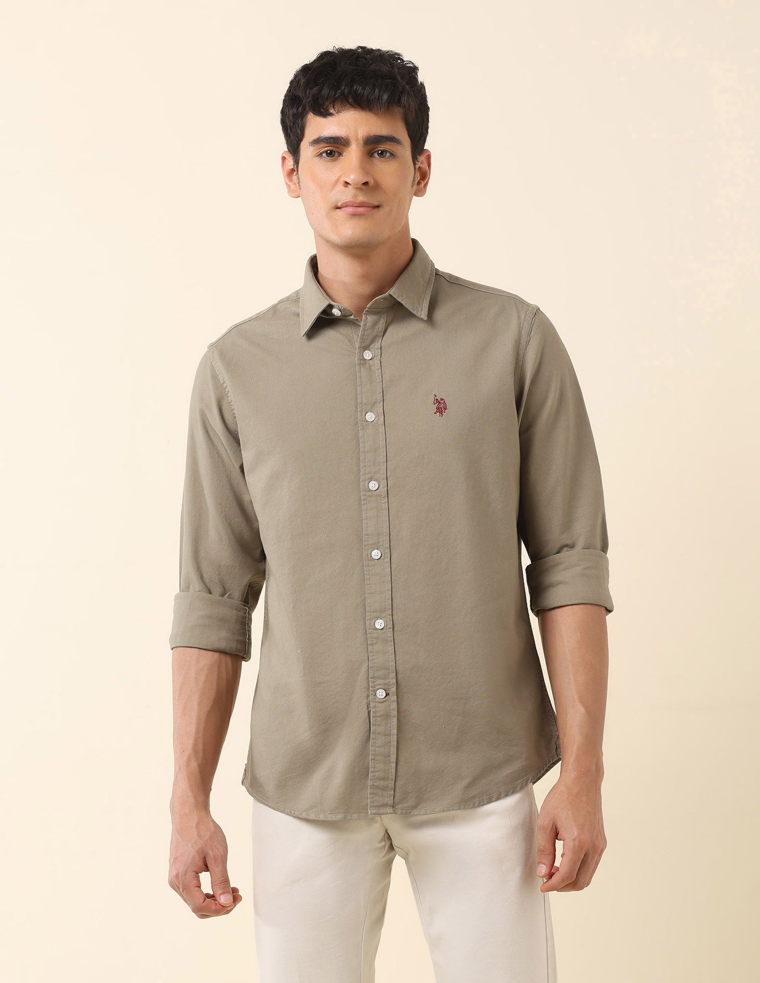 Tailored Fit Pure Cotton Oxford Shirt Olive - U.S. Polo Assn. India | Large