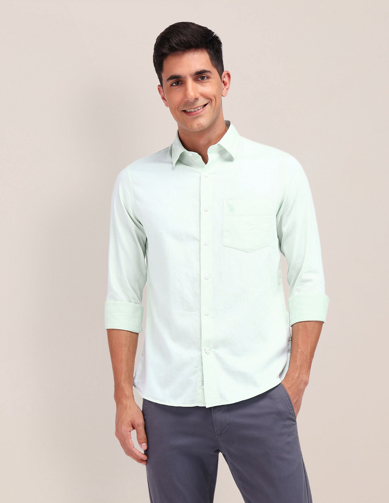 Tailored Fit Pure Cotton Shirt Light Green - U.S. Polo Assn. India | Large