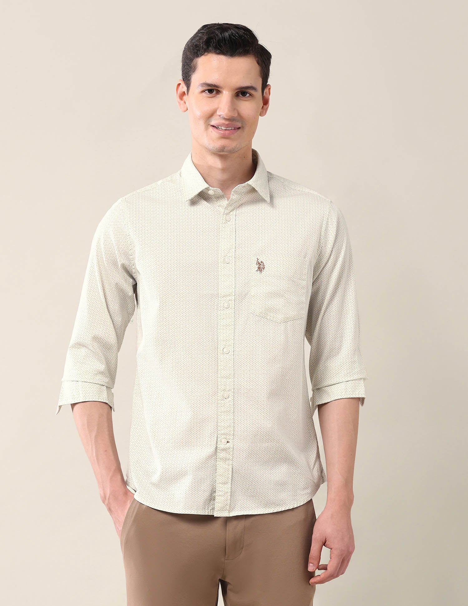 All-Over Printed Tailored Fit Shirt Cream - U.S. Polo Assn. India | Large