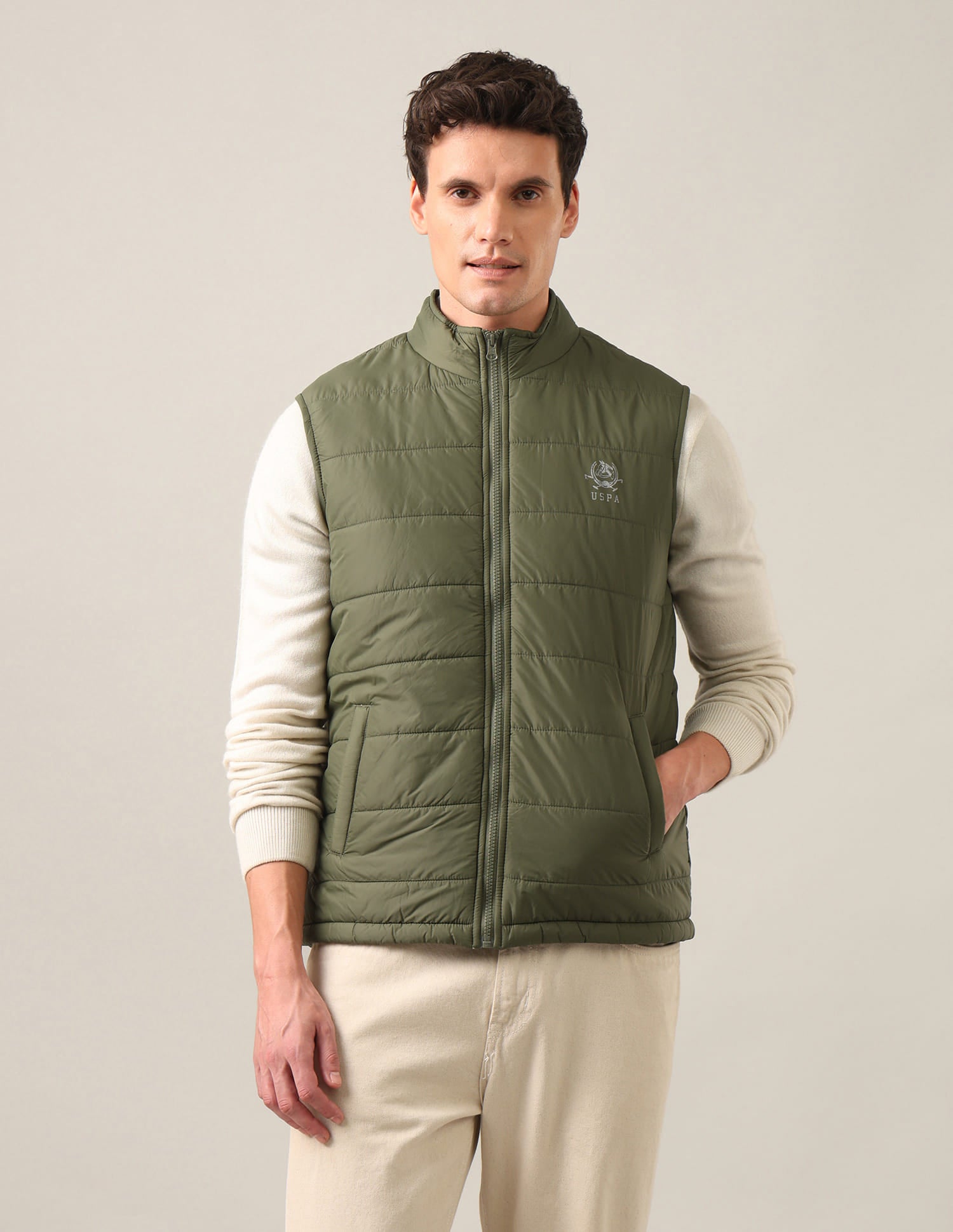 High Neck Sleeveless Solid Padded Jacket Olive - U.S. Polo Assn. India | Large
