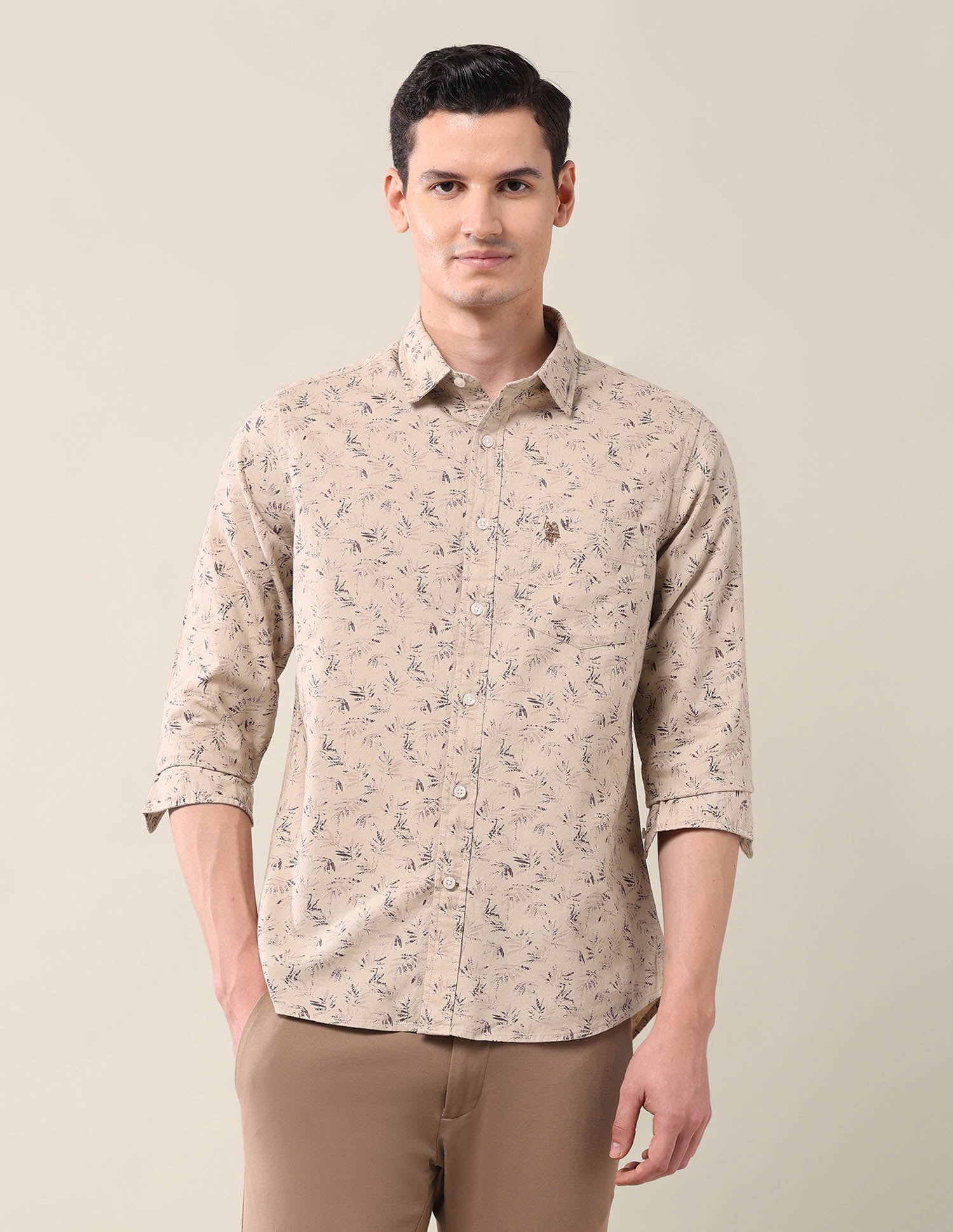 Tailored Fit All-Over Printed Shirt Beige - U.S. Polo Assn. India | Large