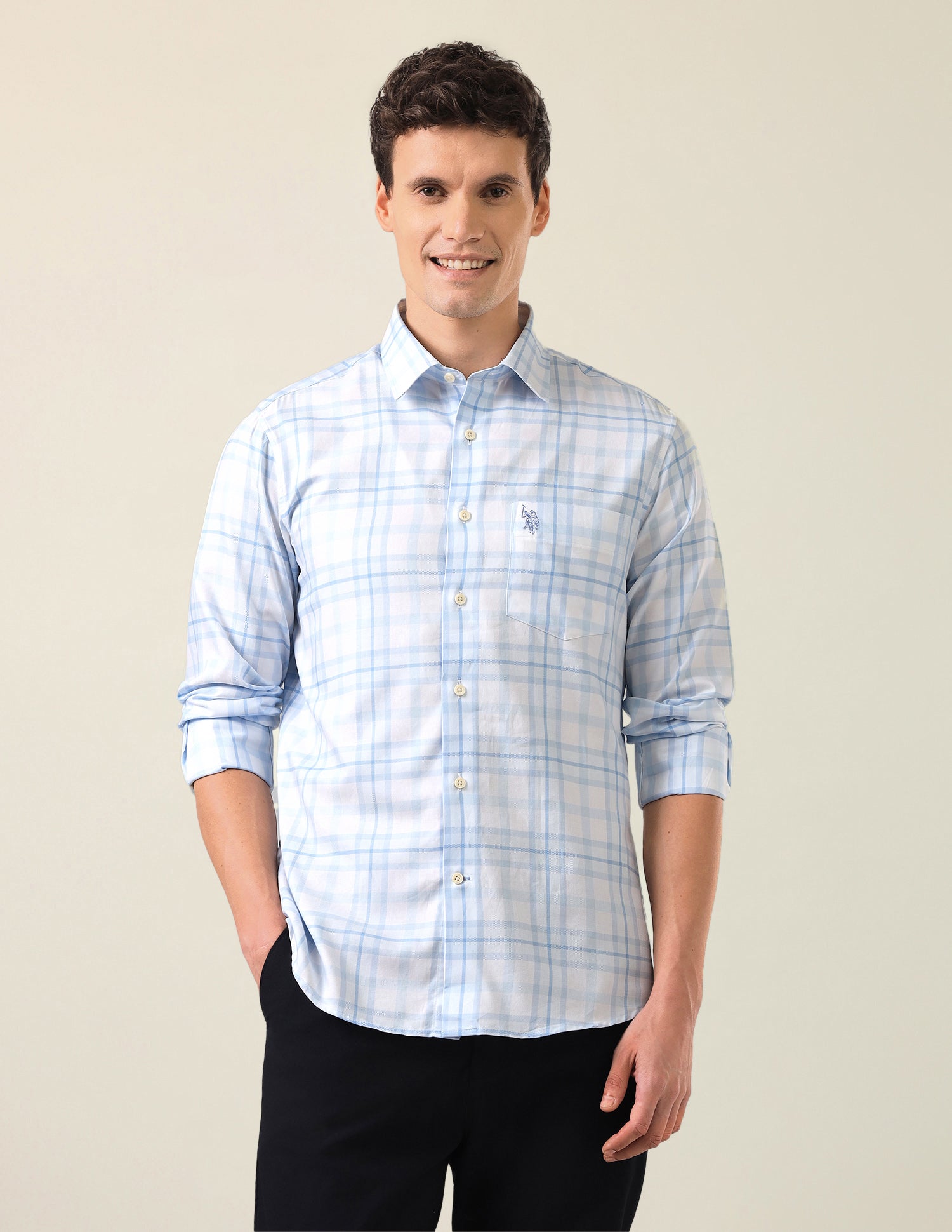 Grid Tattersall Checked Twill Shirt Light Blue - U.S. Polo Assn. India | Large