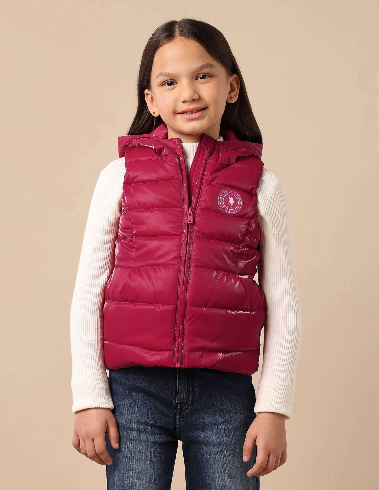 Girls Hooded Puffer Gilet Jacket Dark Pink - U.S. POLO ASSN. | Large
