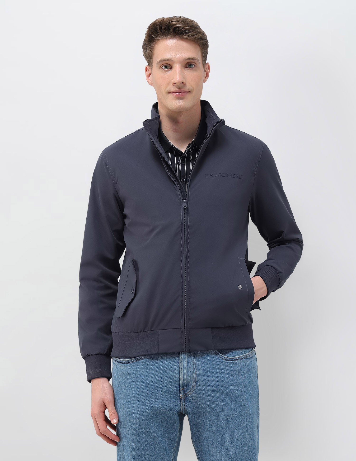 Regular Fit Solid Casual Jacket Dark Blue - U.S. Polo Assn. India | Large