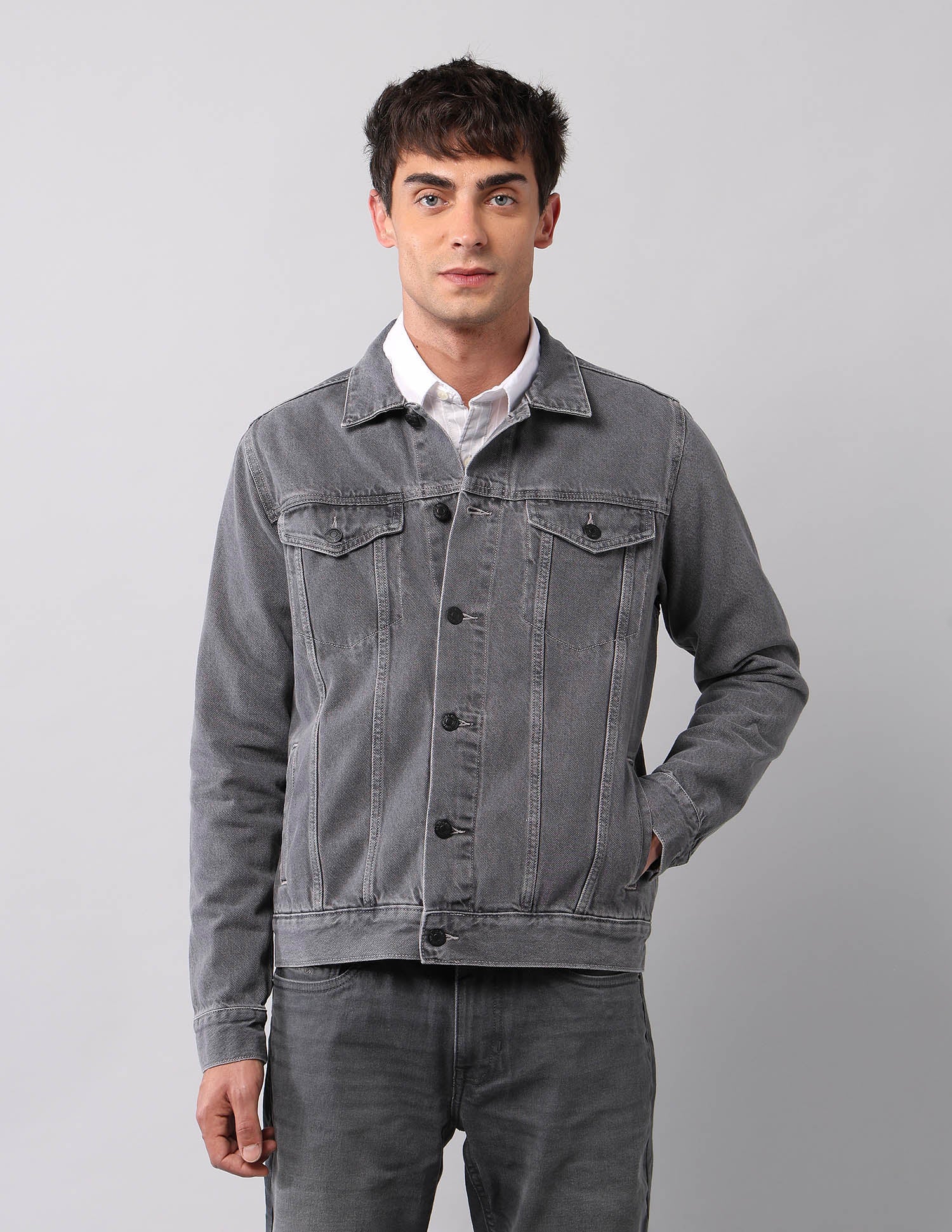 Pure Cotton Regular Fit Denim Jacket Grey - U.S. Polo Assn. India | Large