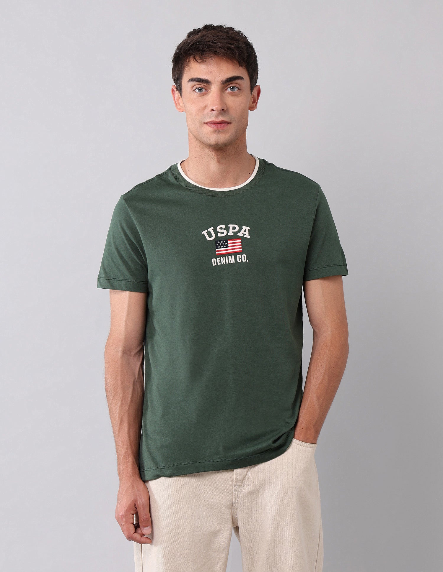 Muscle Fit Brand Embroidered T-Shirt Olive - U.S. Polo Assn. India | Large