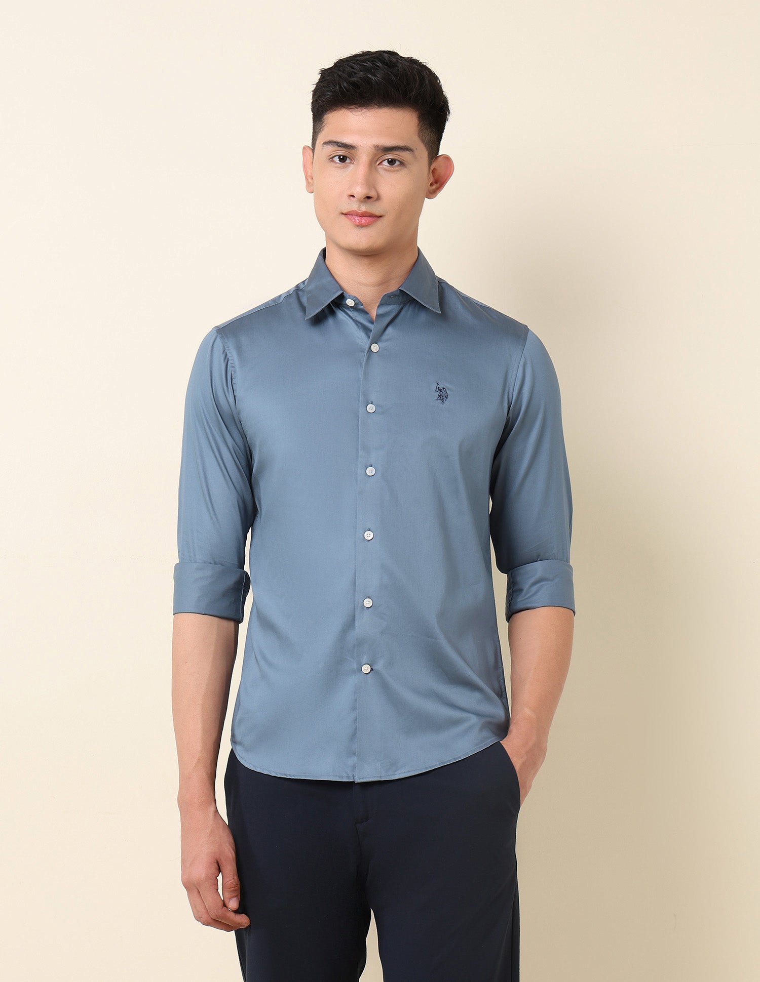 Pure Cotton Tailored Fit Shirt Blue - U.S. Polo Assn. India | Large