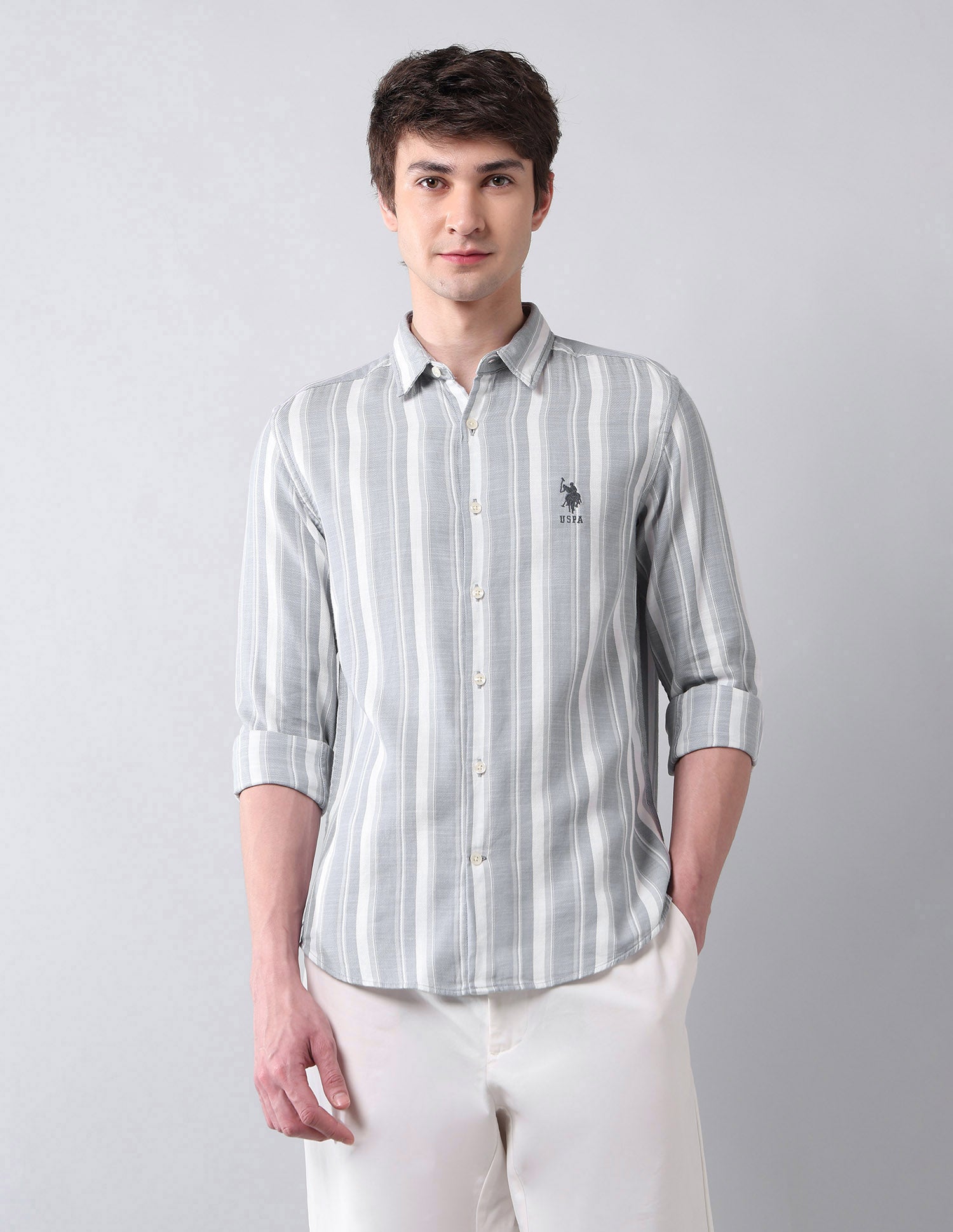 Vertical Striped Regular Fit Shirt Light Grey - U.S. Polo Assn. India | Large