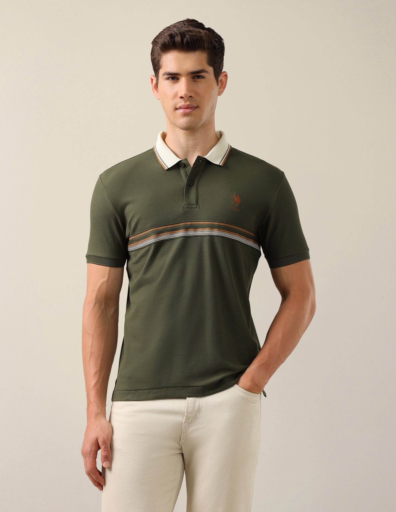 Solid Slim Fit Polo Shirt Olive - U.S. Polo Assn. India | Large