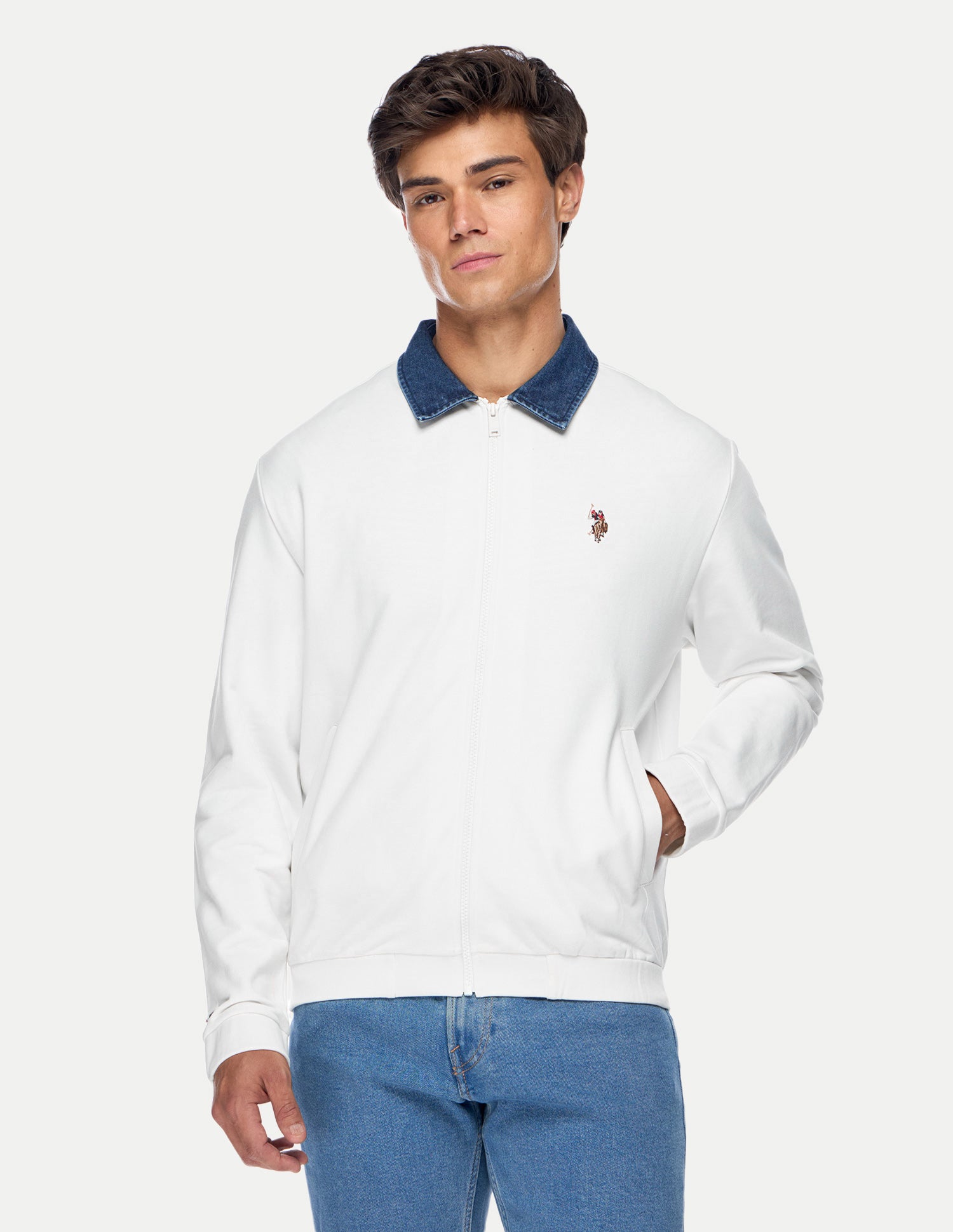 Solid Regular Fit Zipper Sweatshirt Ivory - U.S. Polo Assn. India | Large
